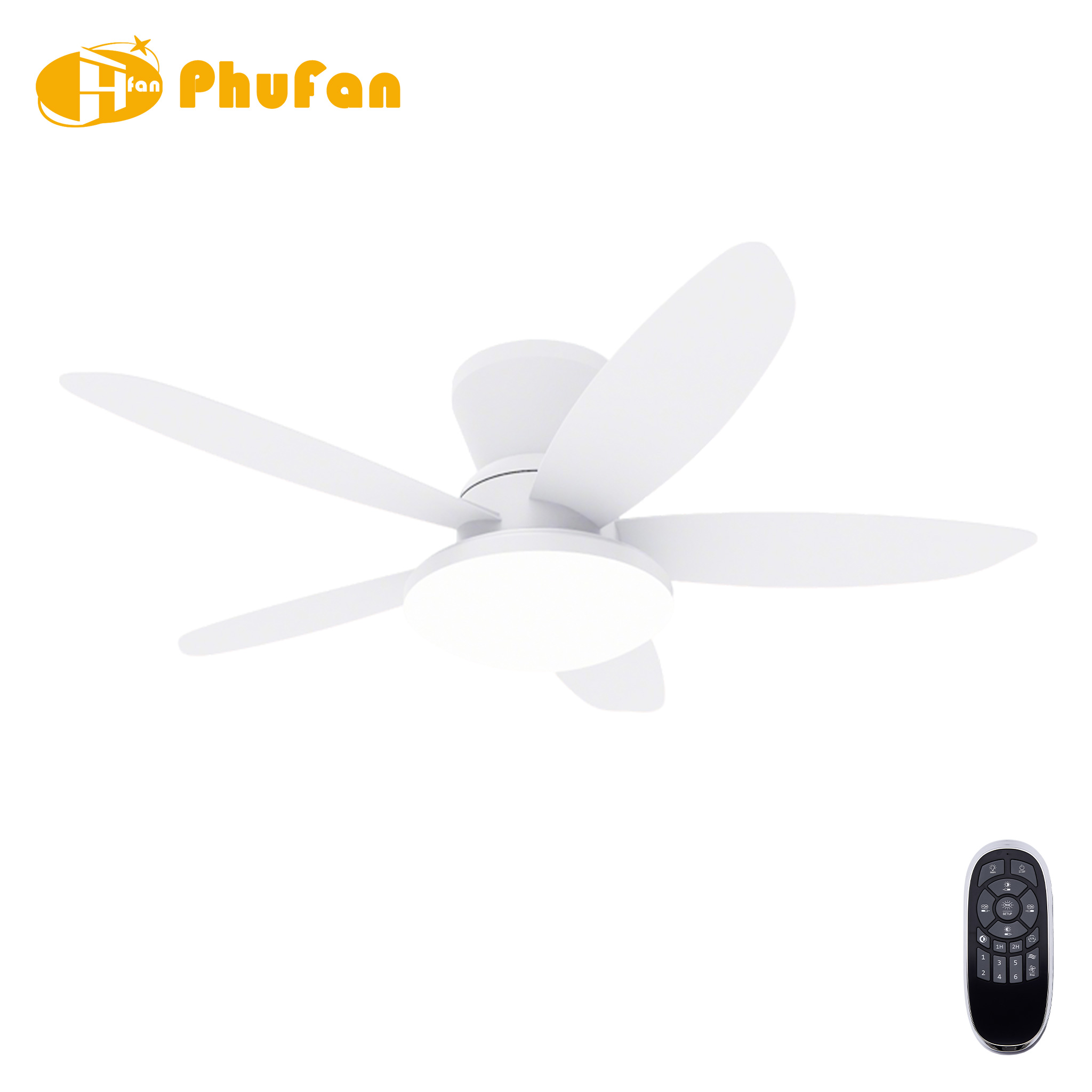 Small white ceiling fan with light, five white blades and a shallow hugger housing pictured beside a remote.