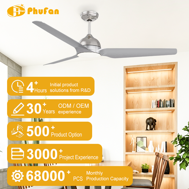 Silver ceiling fan with light for kitchen, long three-blade design in a kitchen and dining-room illustration.