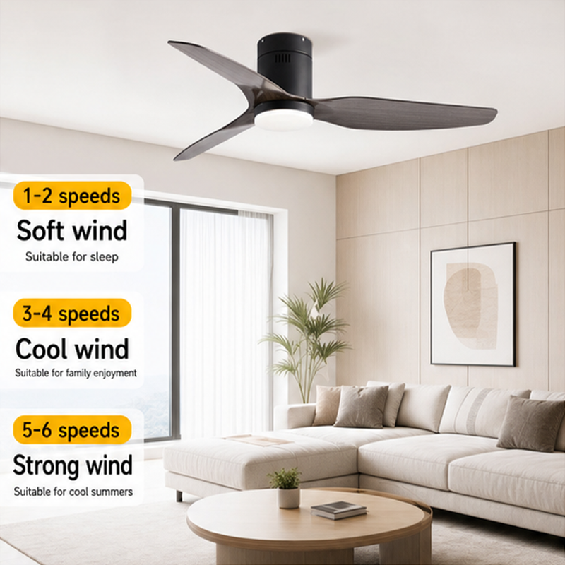 3 Blade Flush Mount Ceiling Fan Light, Dark Wood Plywood Blades DC Motor