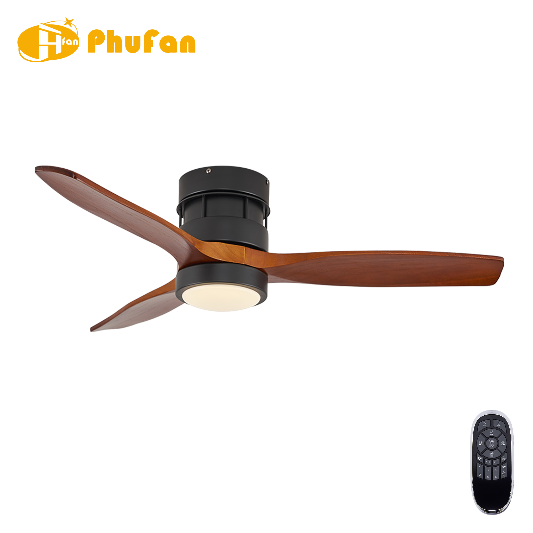 Hugger natural wood ceiling fan with light, walnut-grain solid-wood blades and cylindrical black housing.