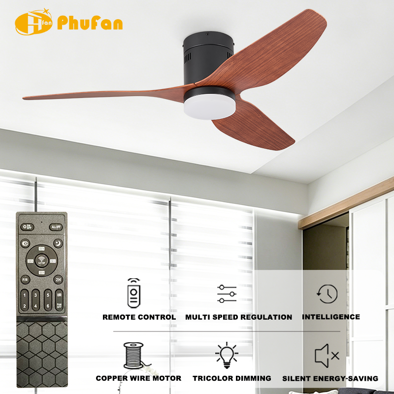 Flush Mount Ceiling Fan with Light - Wood-Grain ABS Blades