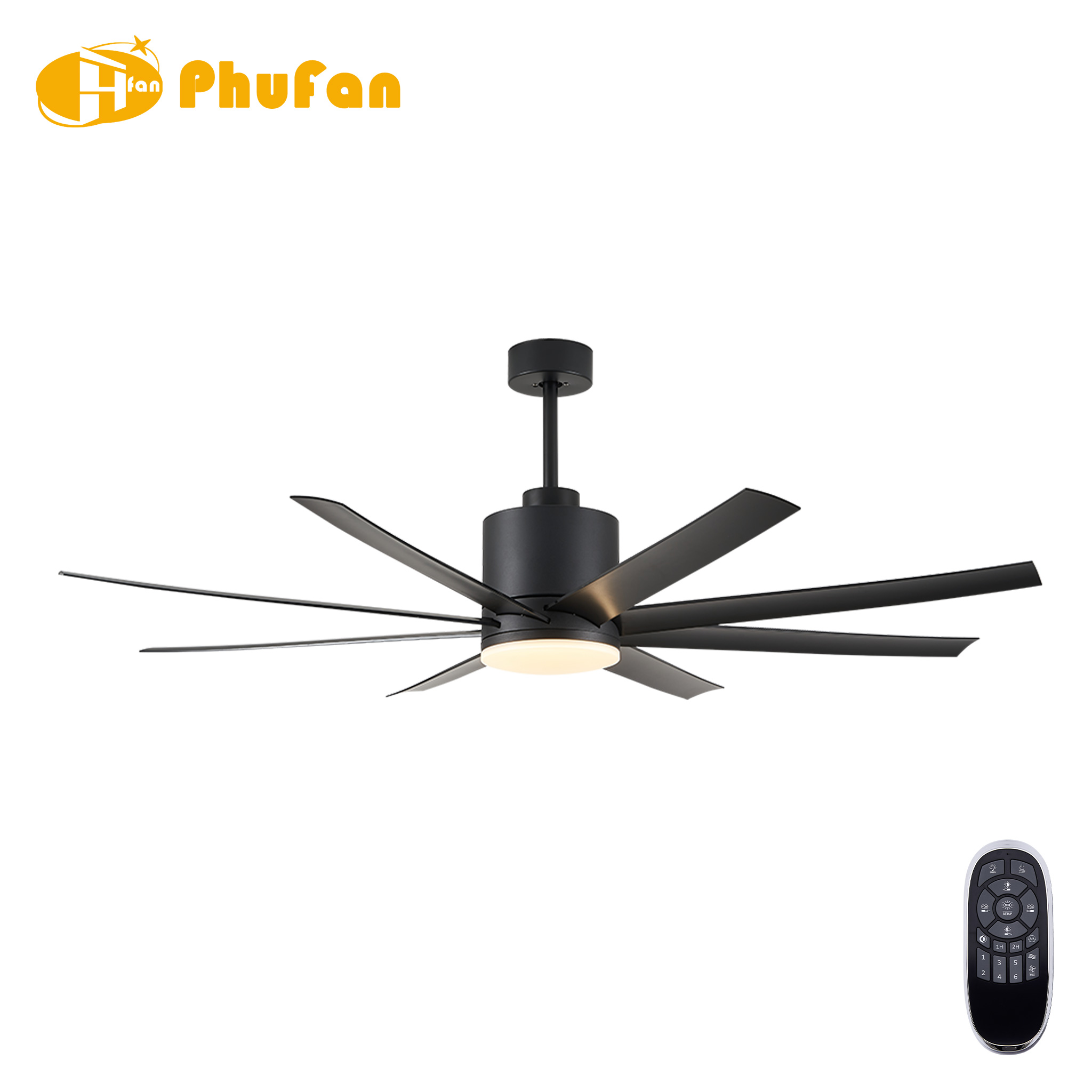 Eight slim black blades on a large fan light with a matching downrod, shown beside a handheld remote.