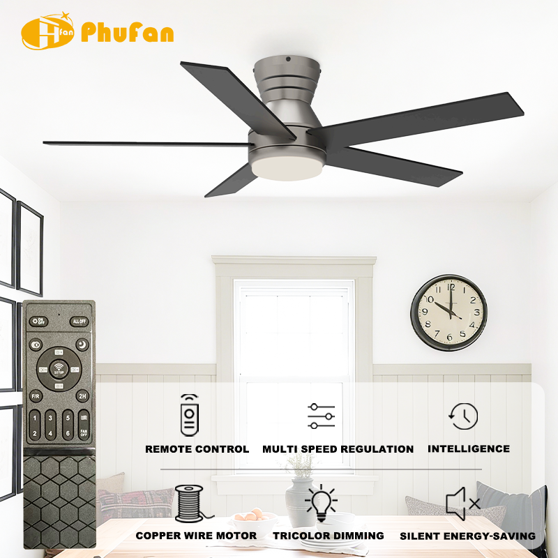 5 Blade Flush Mount Ceiling Fan Light Remote Silent Reversible BLDC Motor