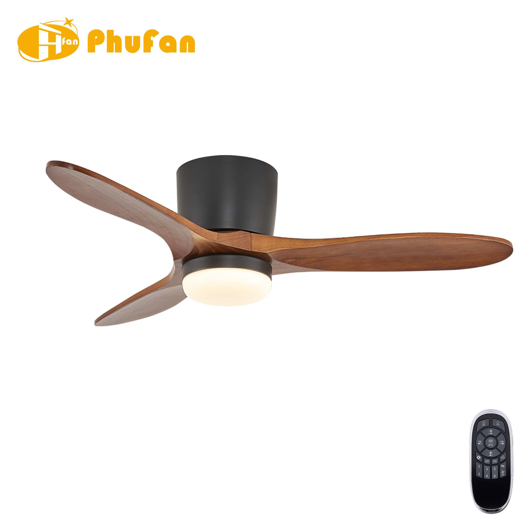 Low profile wood blade ceiling fan with light, three curved solid-wood blades and rounded black housing.
