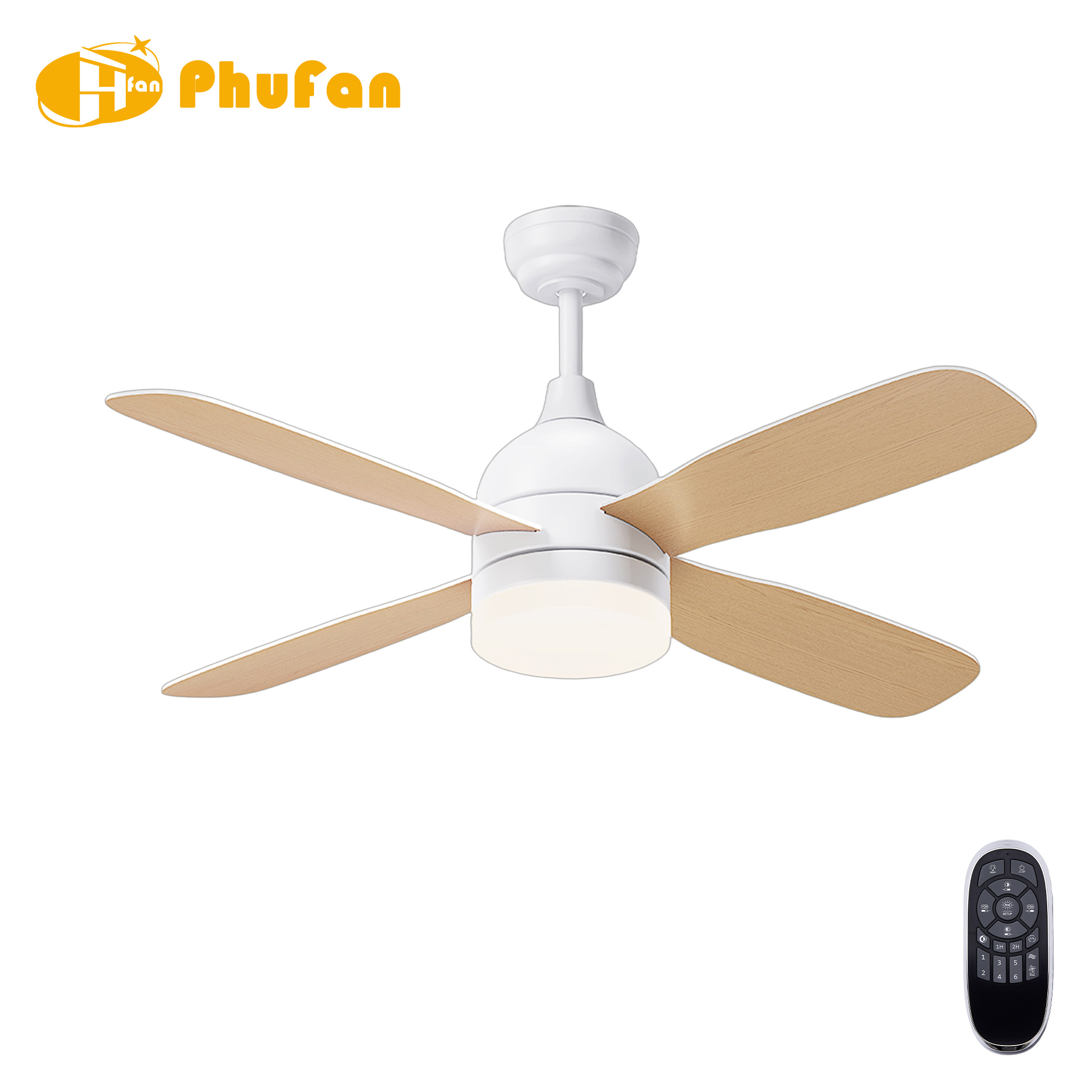 White ceiling fan with a round LED light and four plywood blades in a pale oak-grain finish, beside a remote.