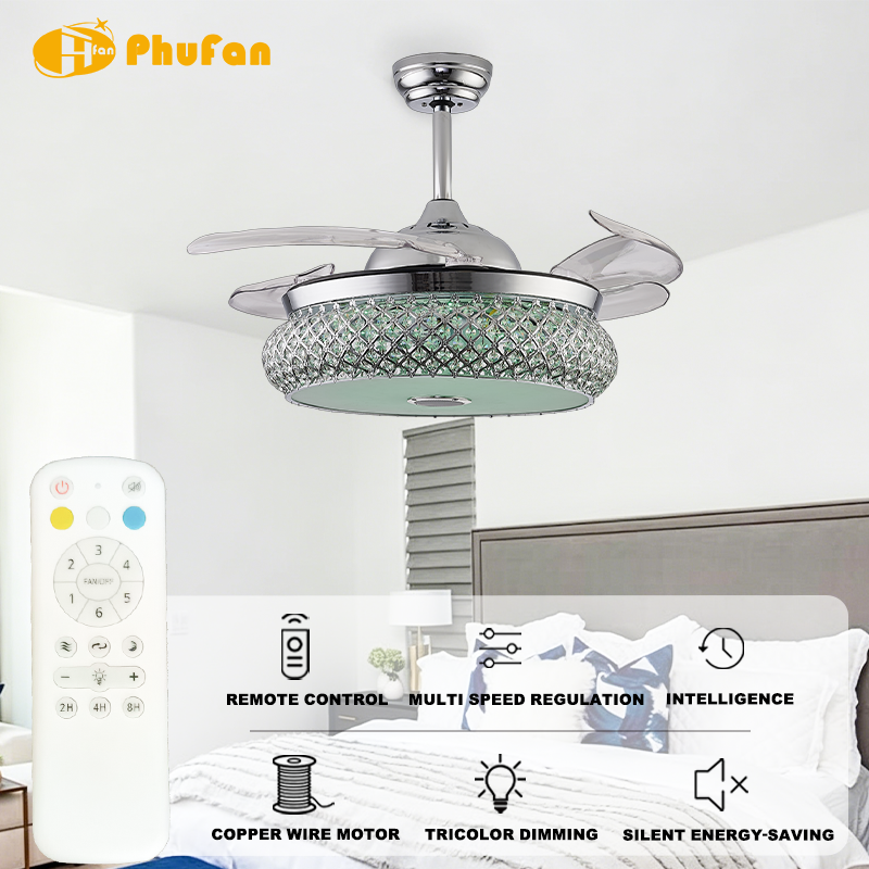 Diamond Crystal Mesh RGB Retractable Fan Light Fixture for Bedroom