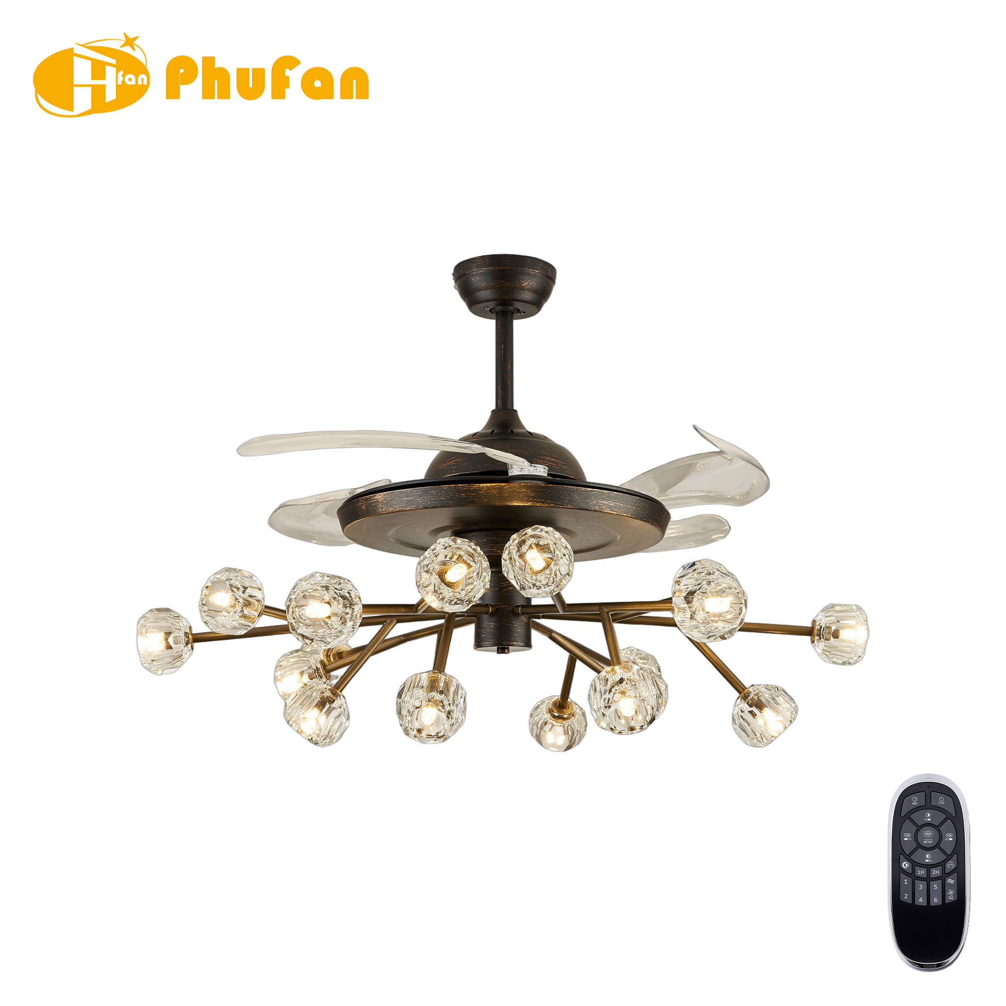 Retractable fan chandelier with transparent blades, a brown metal frame and branching arms with crystal globes, beside a remote.