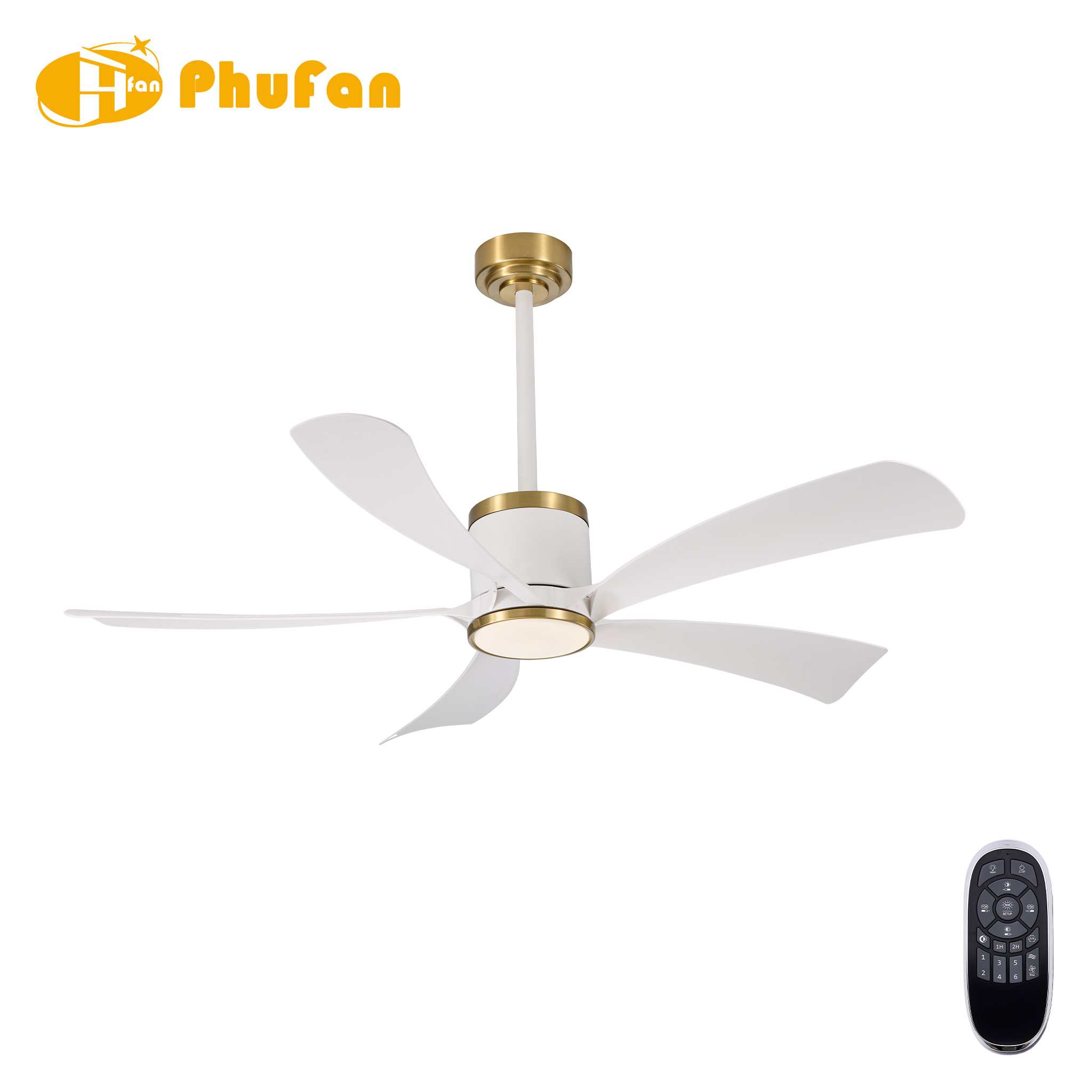 White and gold fan light with five curved ABS blades, a matching downrod and round diffuser, shown with its remote.