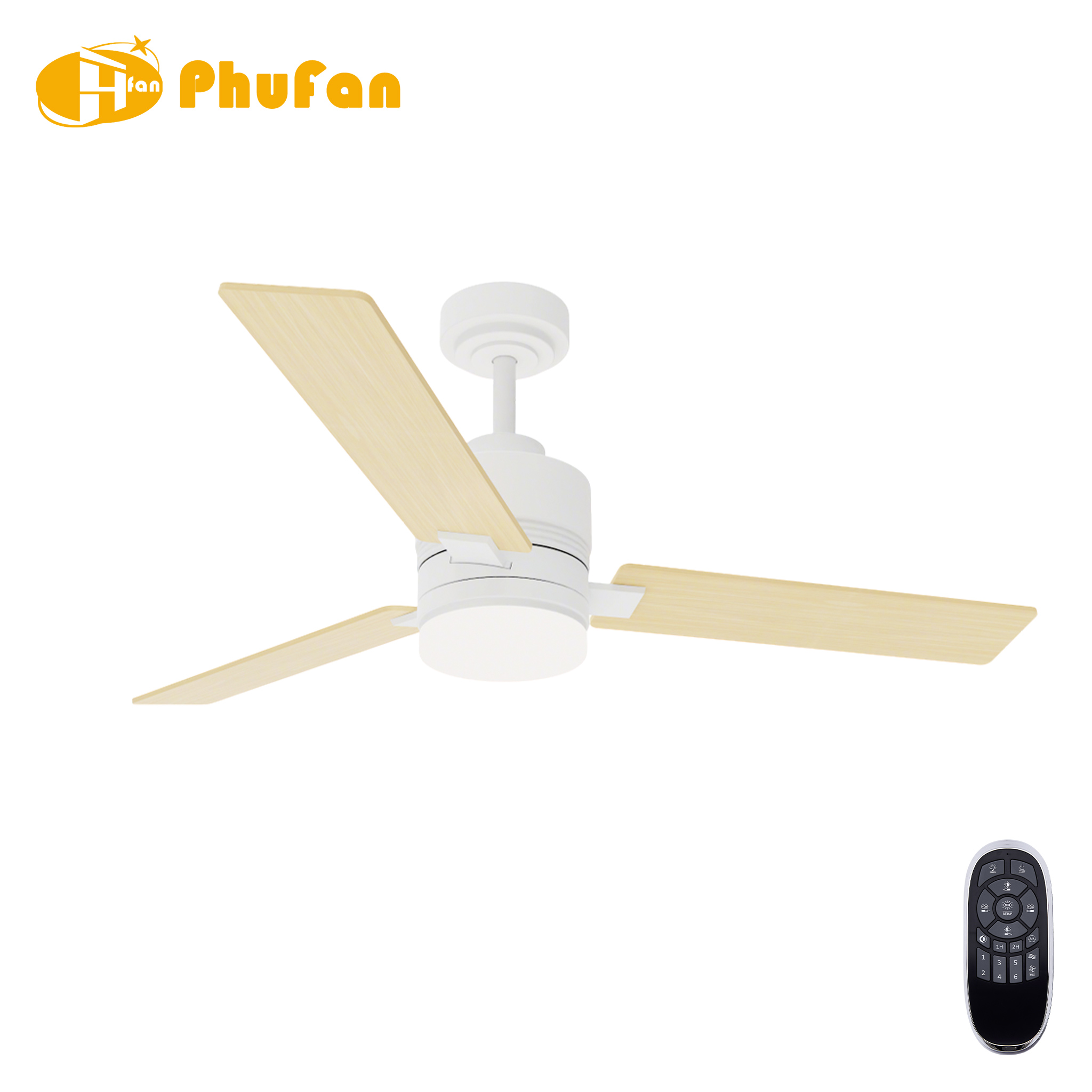 Three straight ABS blades in a pale wood-grain finish on a white fan light, shown with its remote.