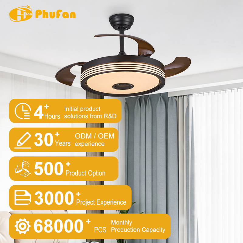 Retractable Ceiling Fan Light With Bluetooth Speaker For Bedroom Dining Room