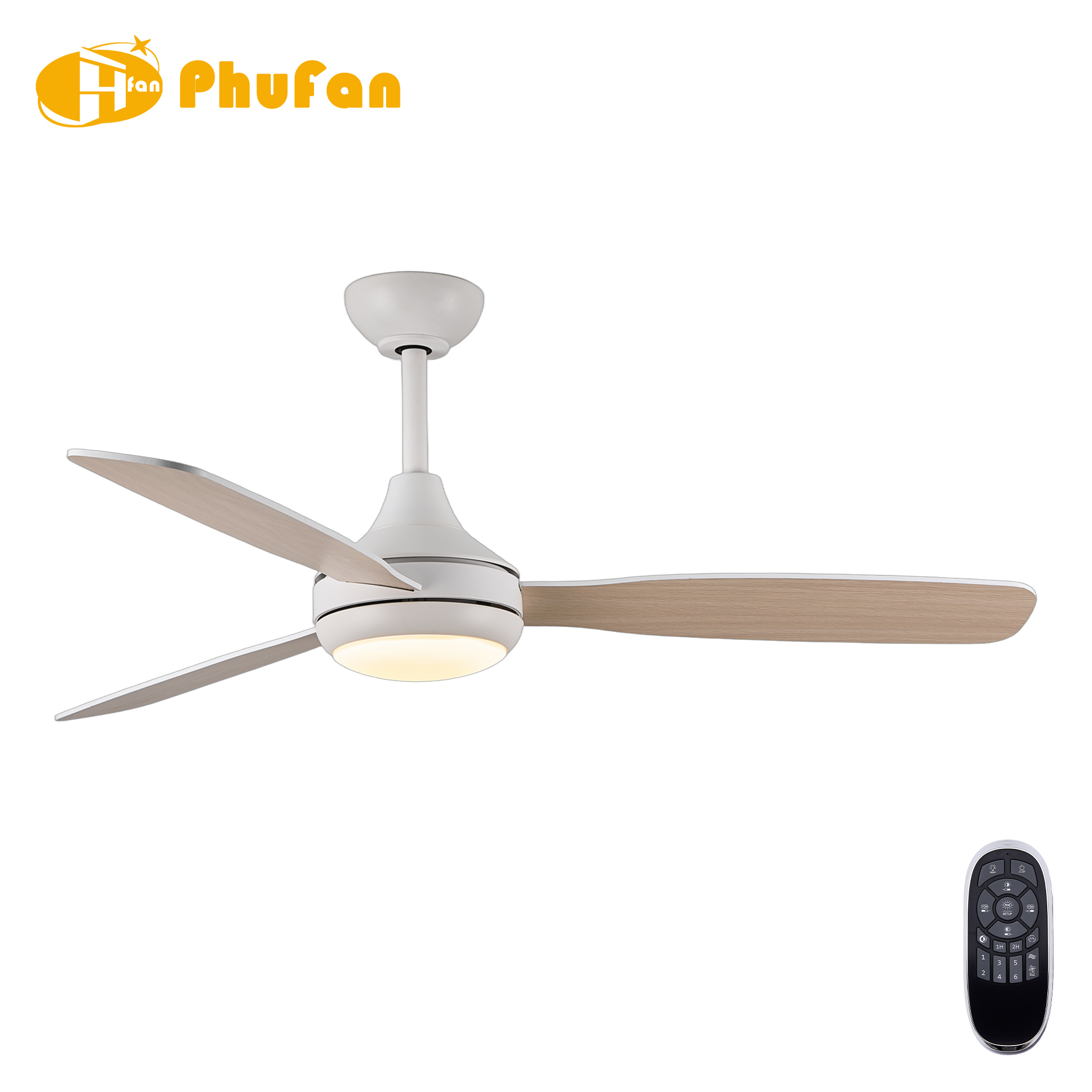 Small wood ceiling fan with light, three plywood blades with pale wood grain and a white housing.