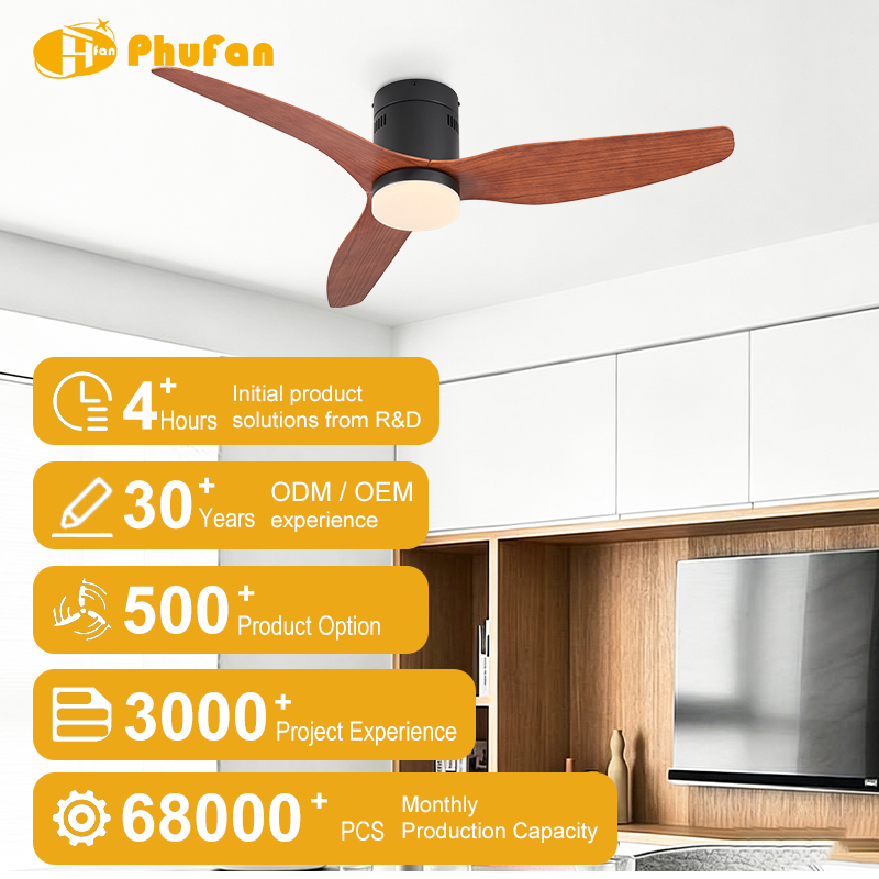 Flush mount ceiling fan with light for family room, three wood-grain ABS blades pictured above a television and sofa.