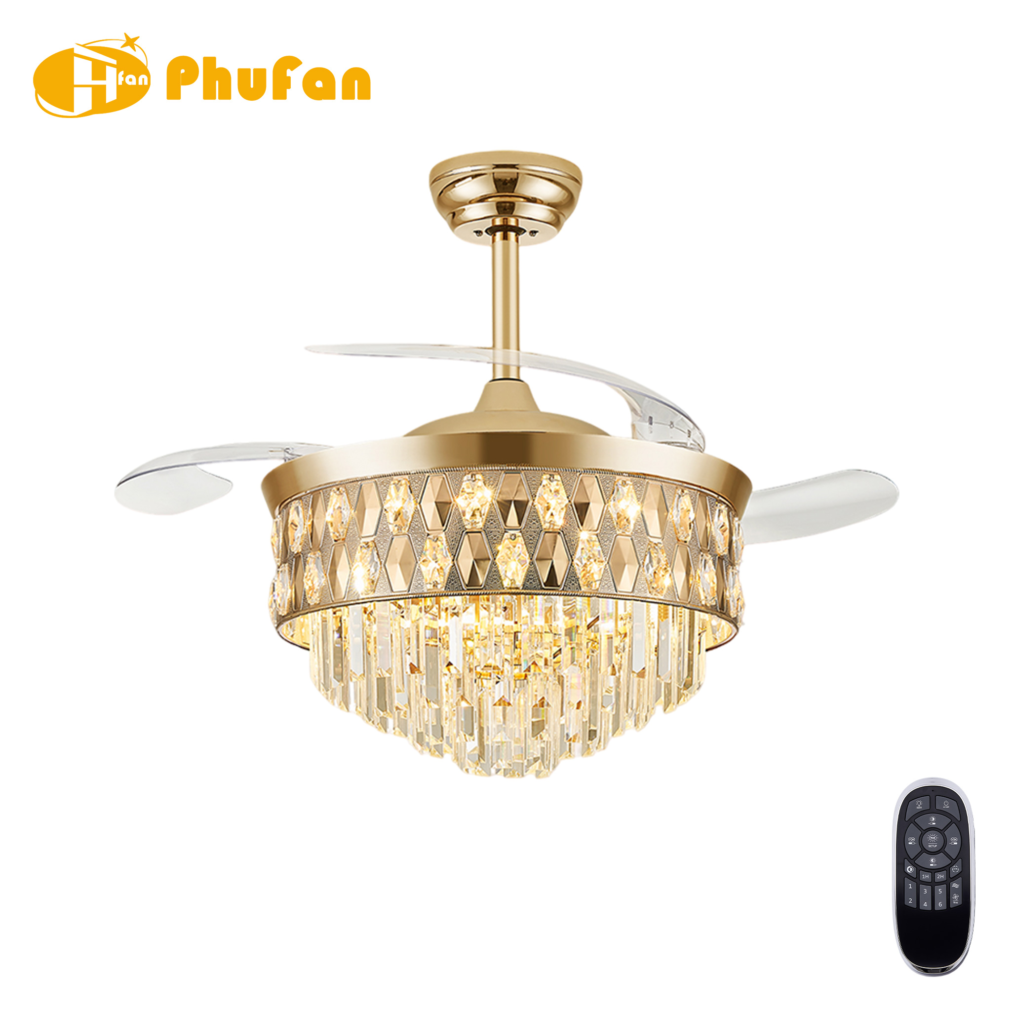 Gold retractable fan light with transparent blades, a geometric crystal band and hanging crystal pendants, beside a remote.