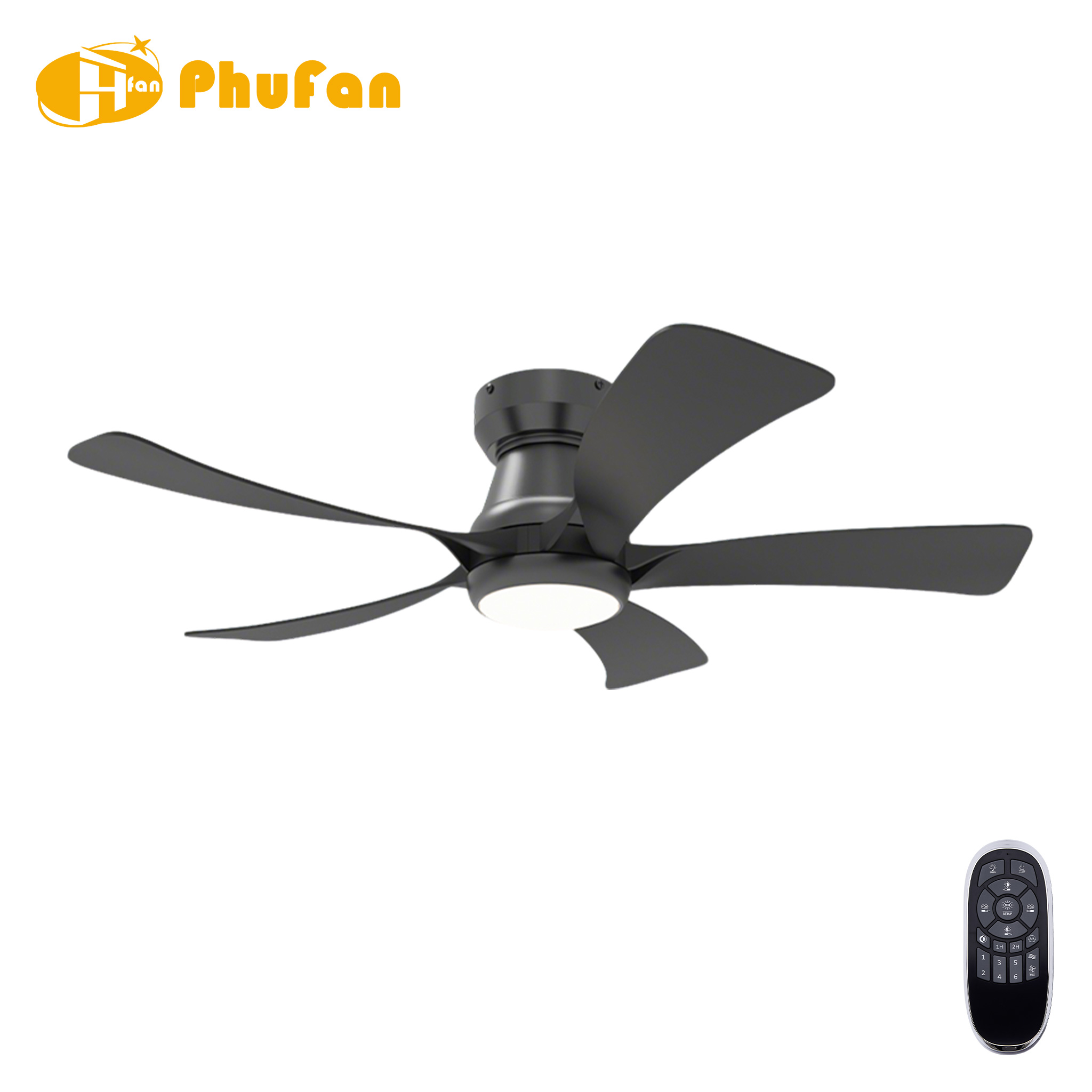Flush mount minimalist ceiling fan with light, five black swept blades and a round lamp panel.