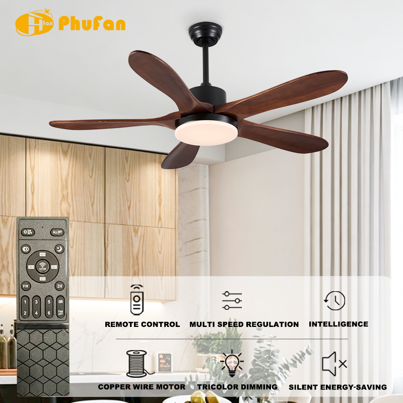Walnut-finish ceiling fan with light for bedroom, five solid-wood blades and black housing shown in an interior illustration.