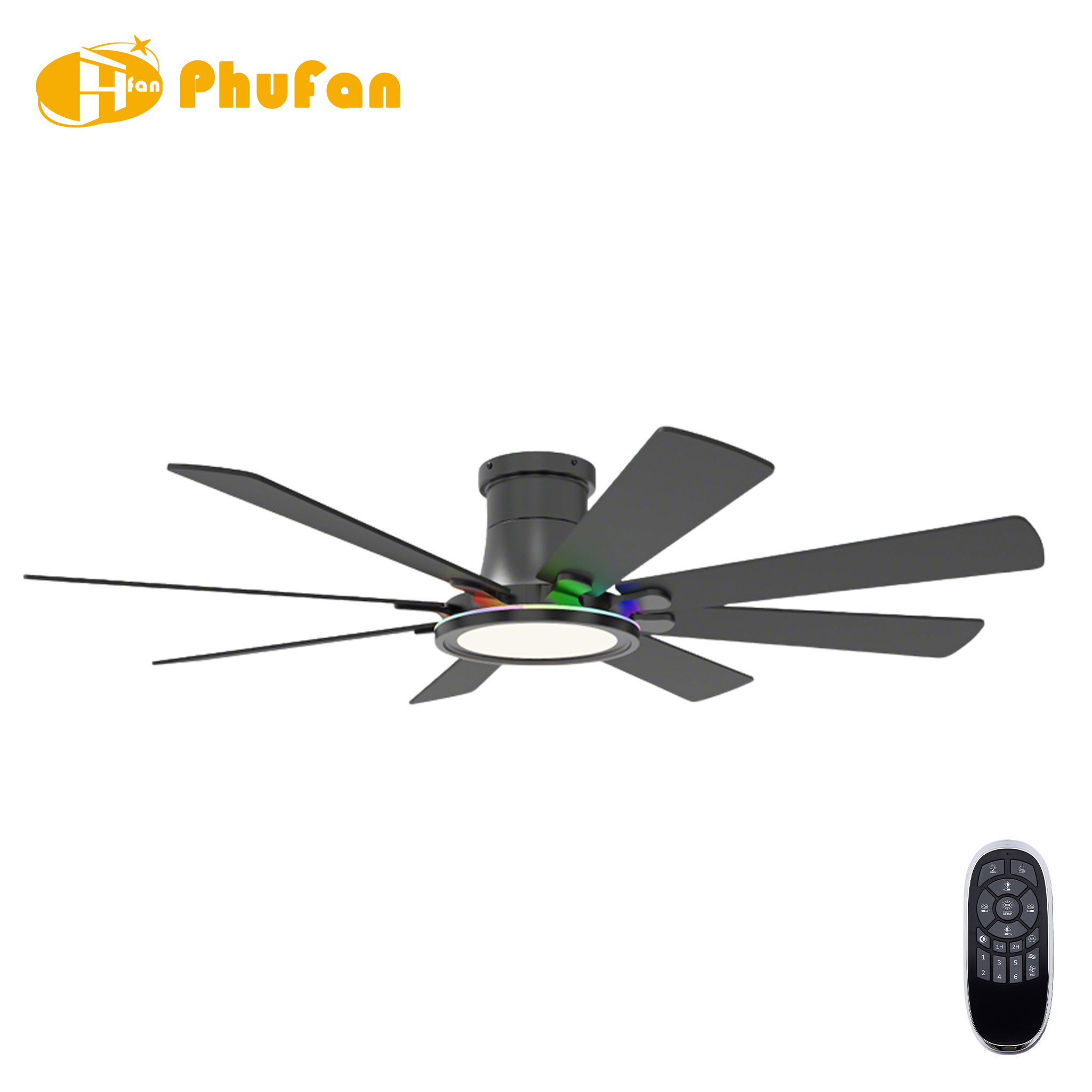 Flush Mount Ceiling Fan RGB Dimmable LED Light with Remote for Large Living Room
