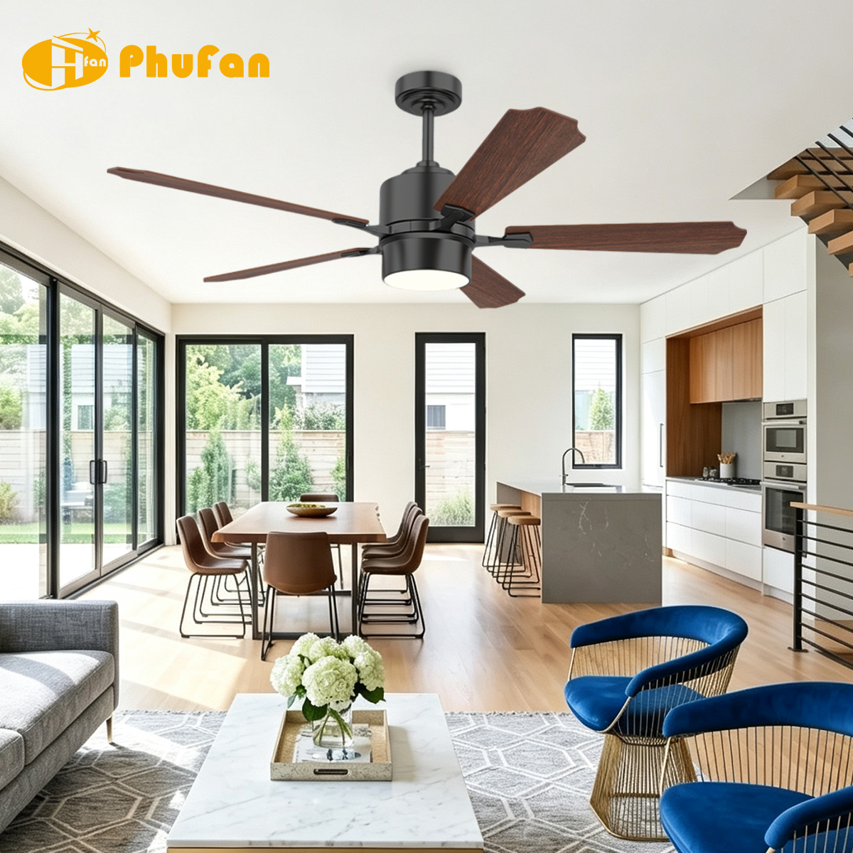 5 Blade Ceiling Fan Light Dark Wood Grain Blades For Bedroom Living Room