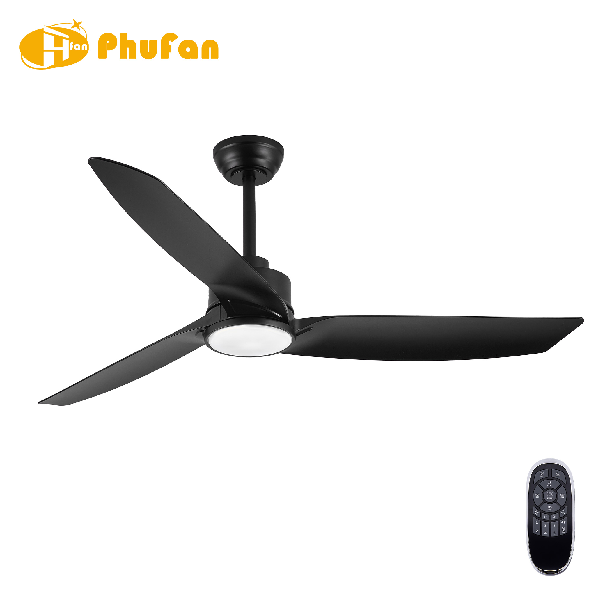 56 inch ceiling fan with light and remote control, three matte black ABS blades and a matching downrod.