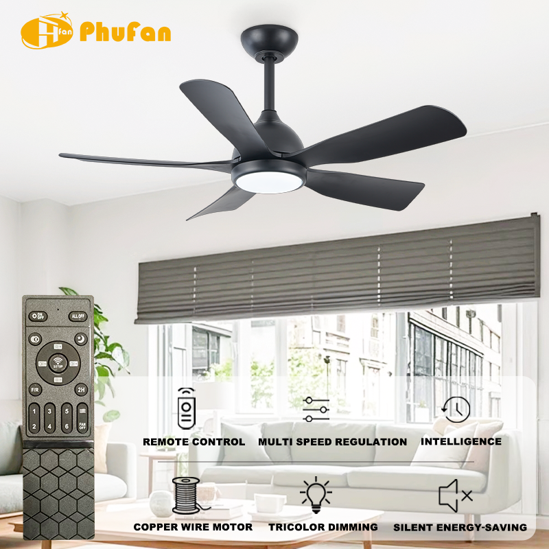 Black Ceiling Fan with Light for Dining Area - 5 ABS Blades