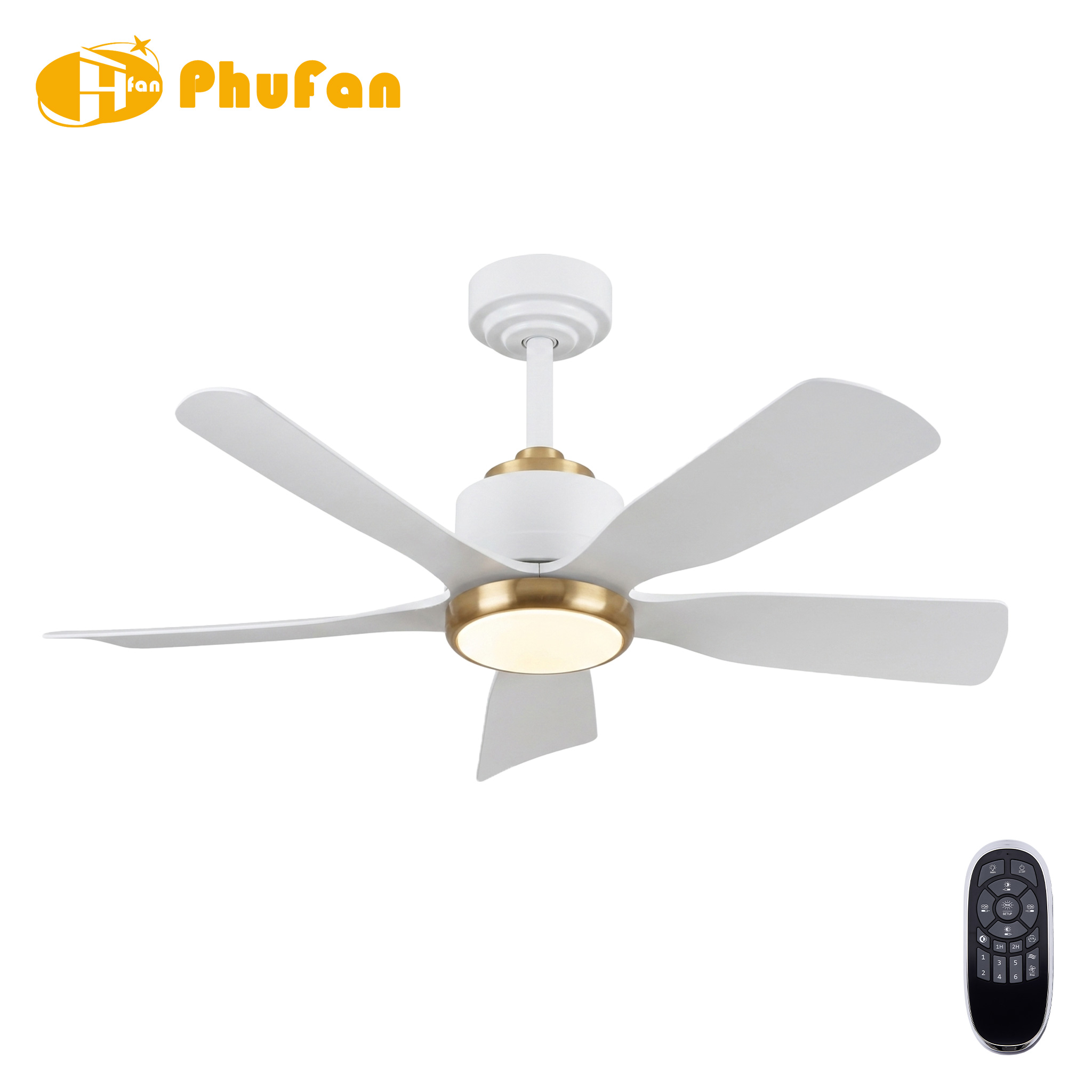 Ceiling Fan with LED Light and Remote - 5 ABS Blades with Gold Trim