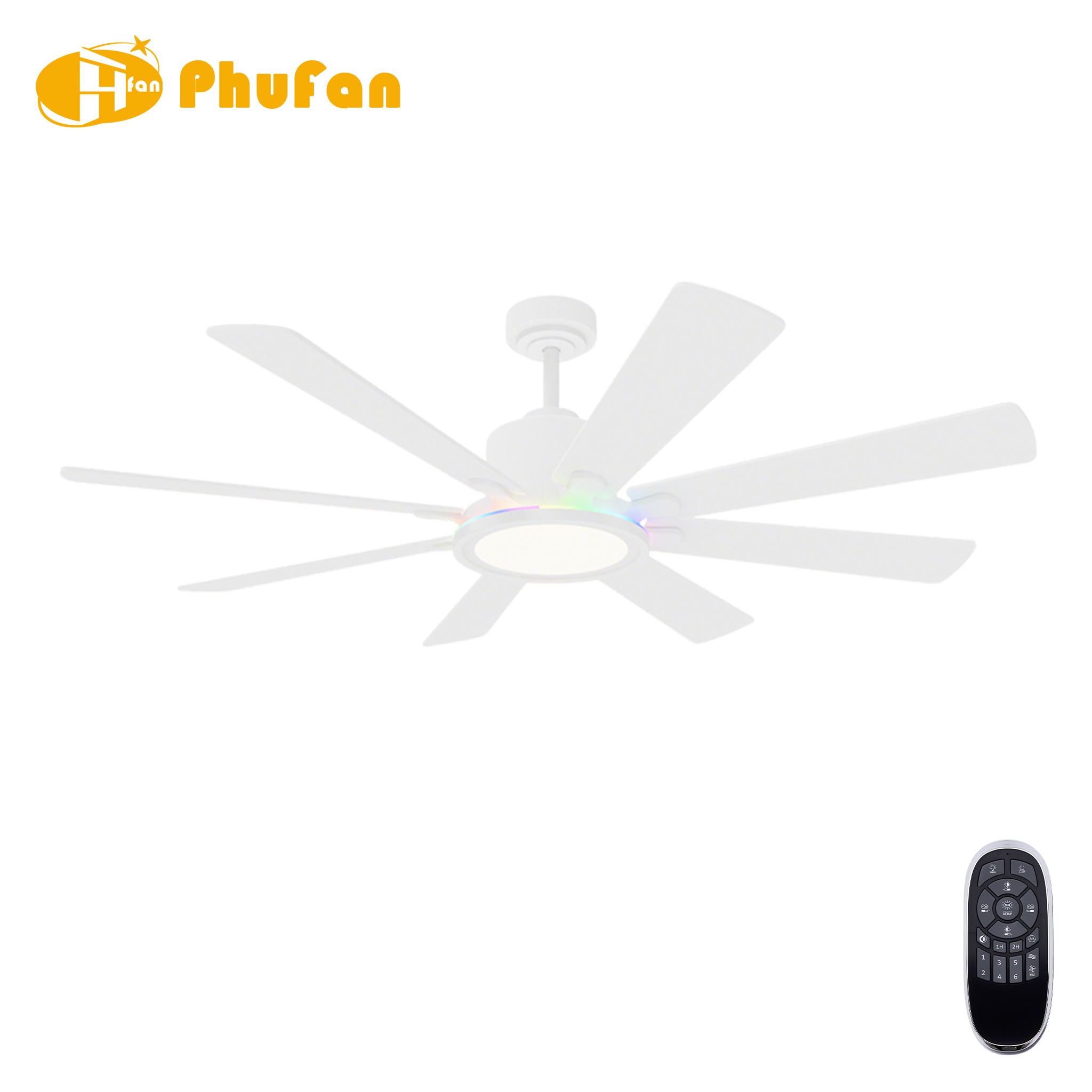 8-Blade Downrod Mount Ceiling Fan Reversible Wood Blades RGB Ambient LED Light