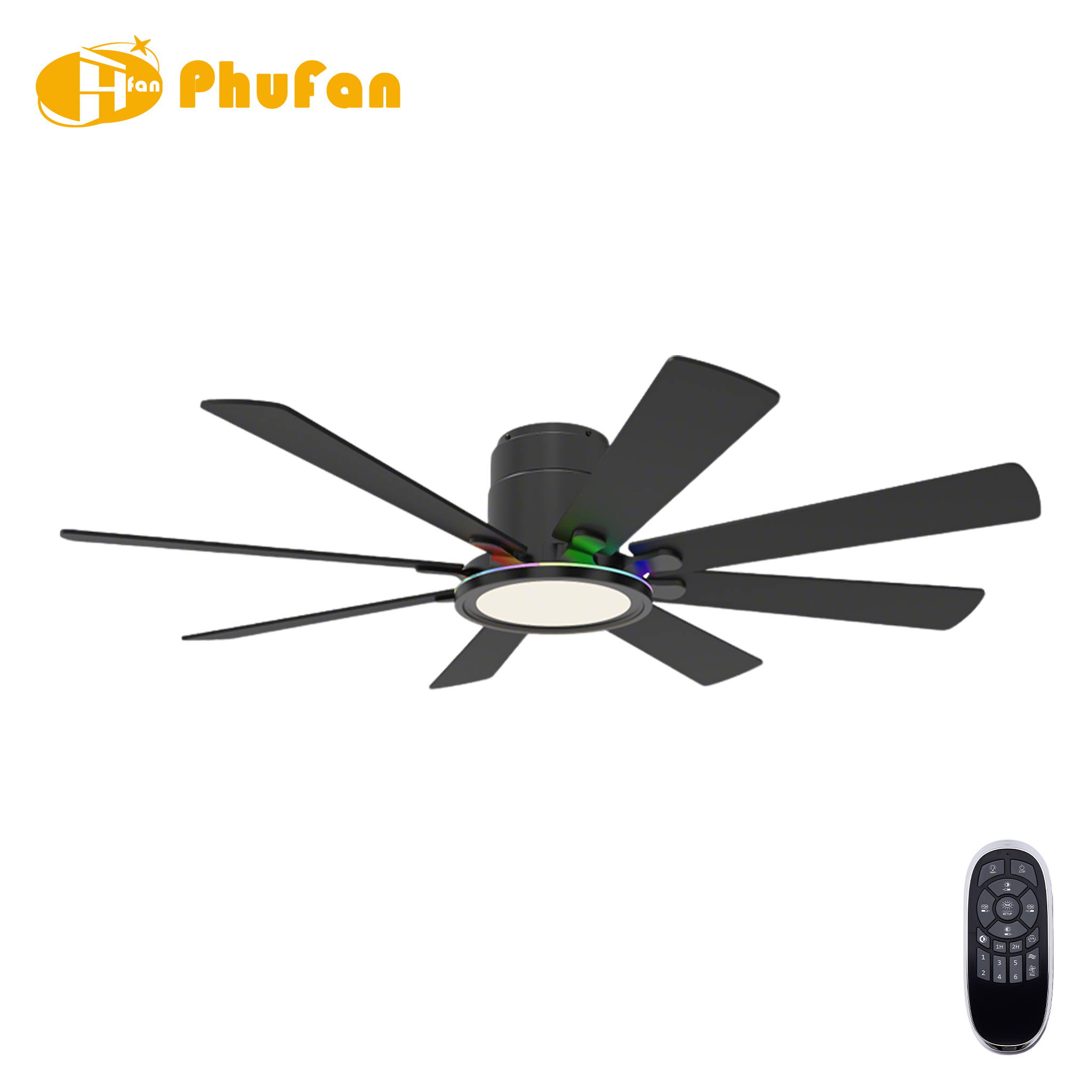 Large Flush Mount Ceiling Fan with RGB Light and Remote - 8 Blades
