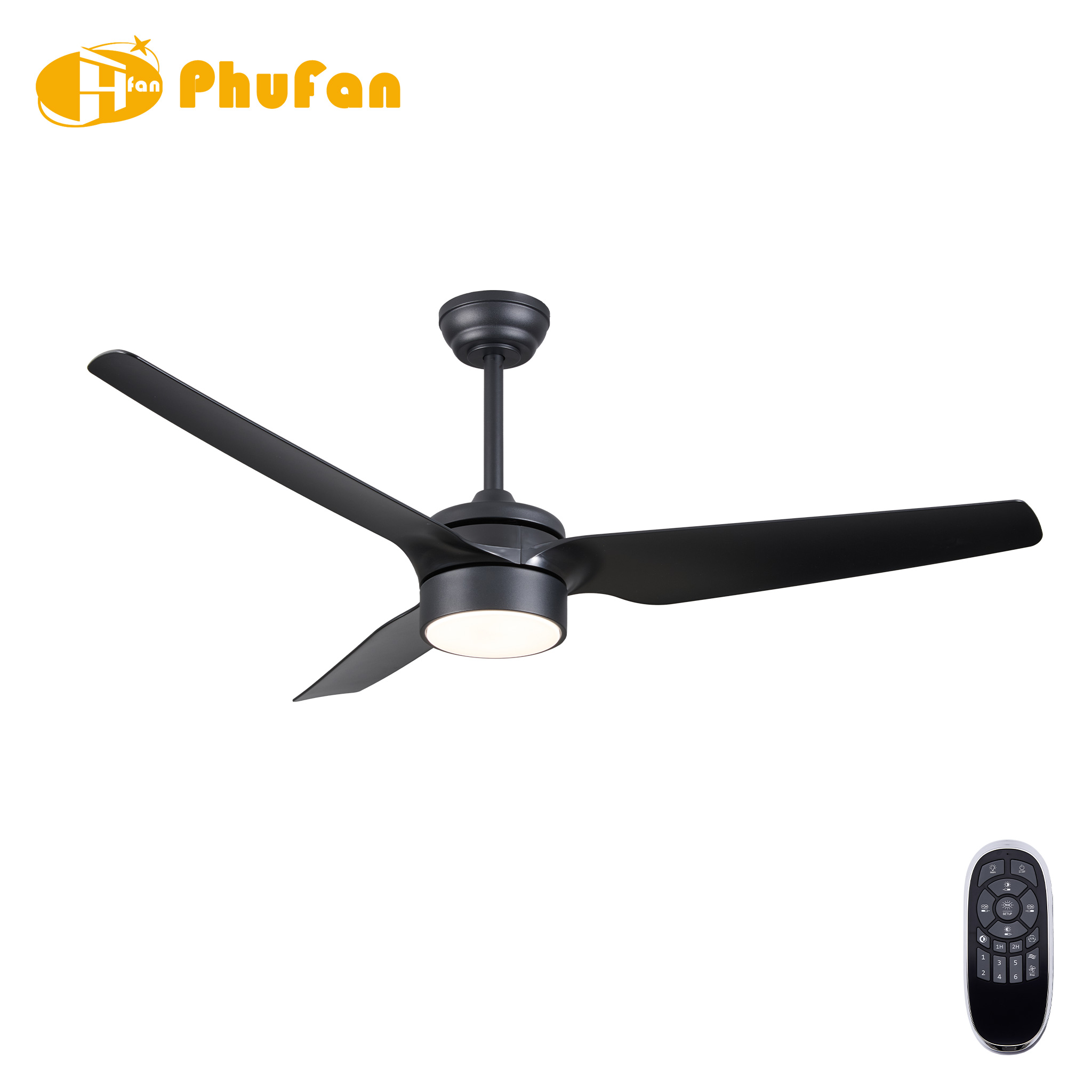 Black fan light with three curved ABS blades, a matching downrod and a round diffuser, shown beside its remote.