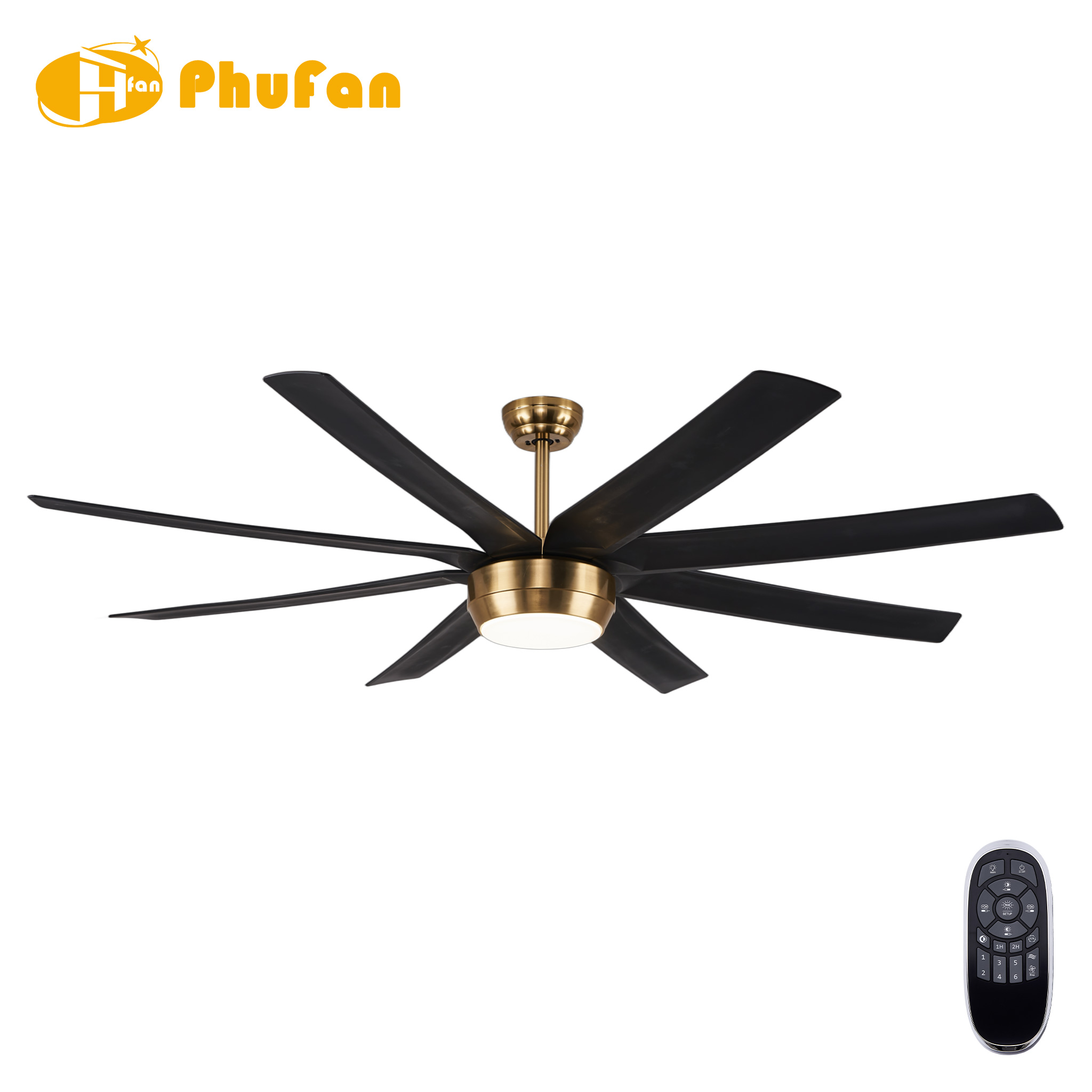 Eight black ABS blades on a large gold fan light with a matching downrod, pictured beside its remote.