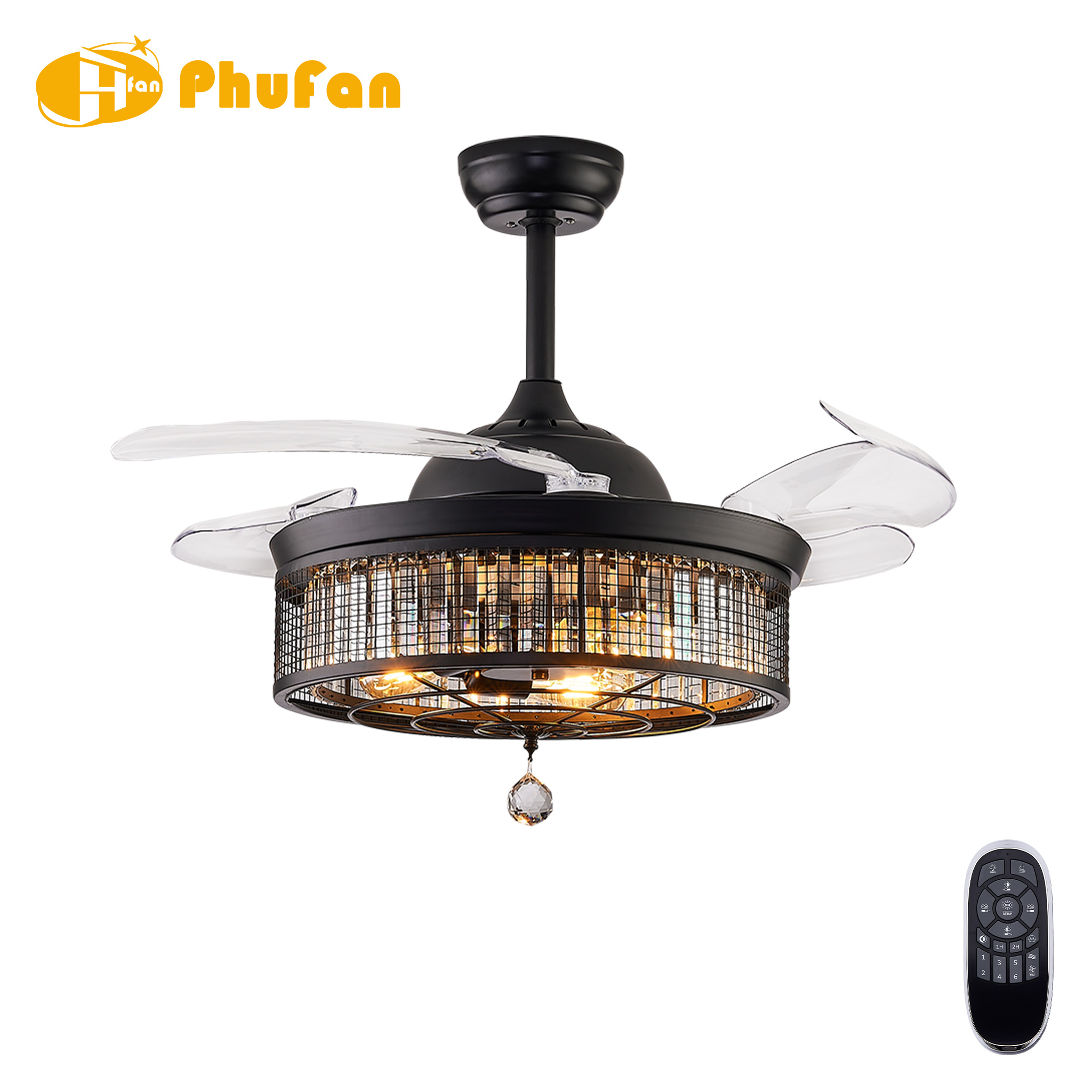 Retractable fan light with a black mesh drum, crystal accents and clear blades, shown beside its remote.