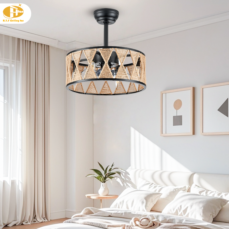 Caged Rattan Ceiling Fan Light Remote Reversible DC Motor For Dining Room Cafe