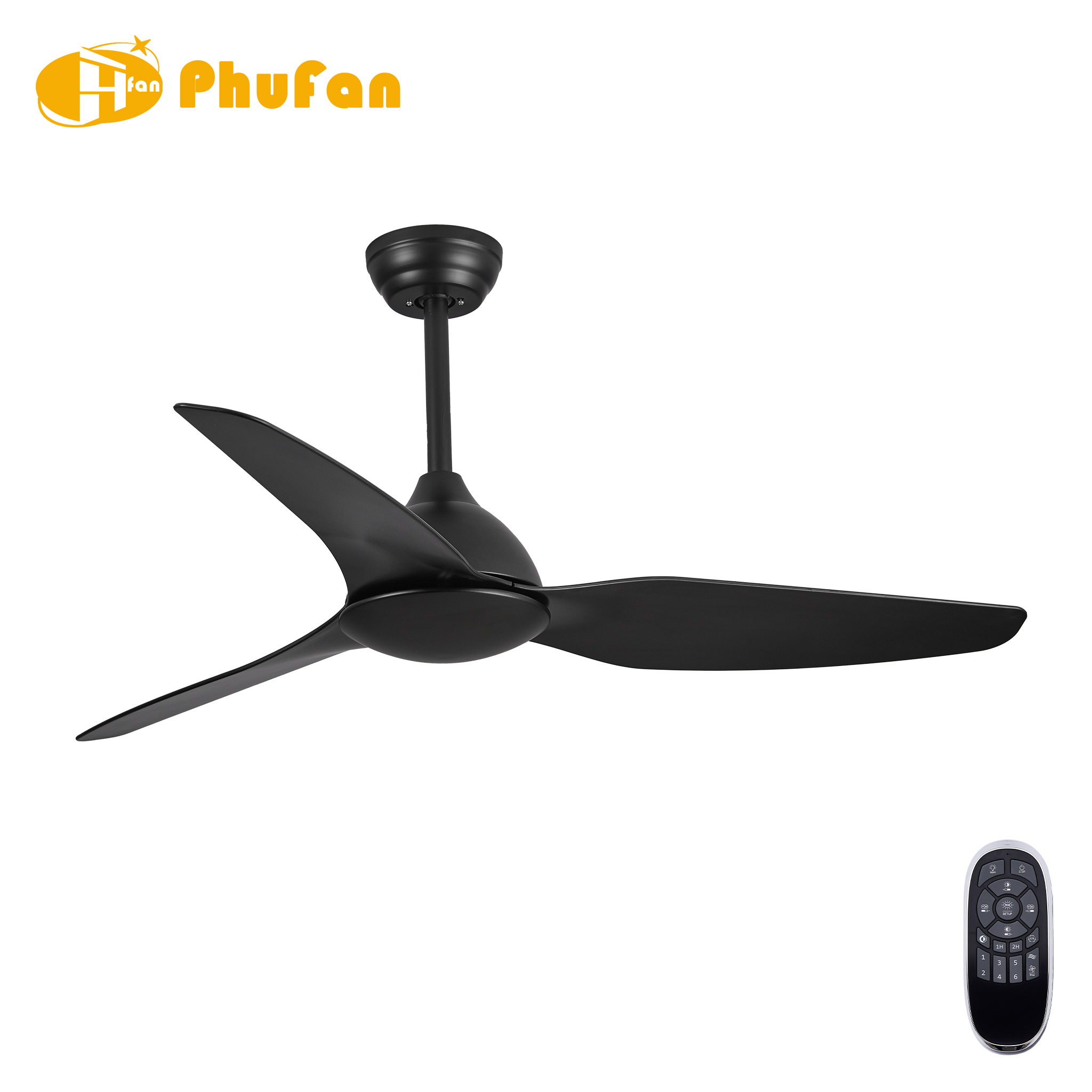 Matte black outdoor ceiling fan without a light, with three curved ABS blades and a handheld remote.