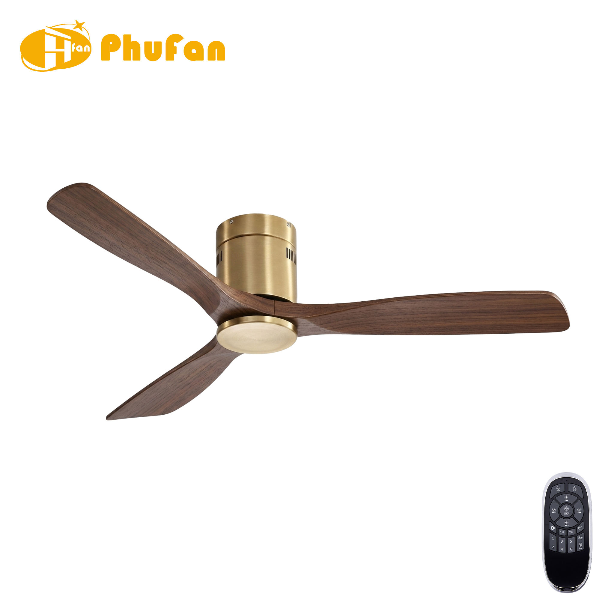 Gold flush-mount fan with three dark solid-wood blades and a round light, shown with a handheld remote.