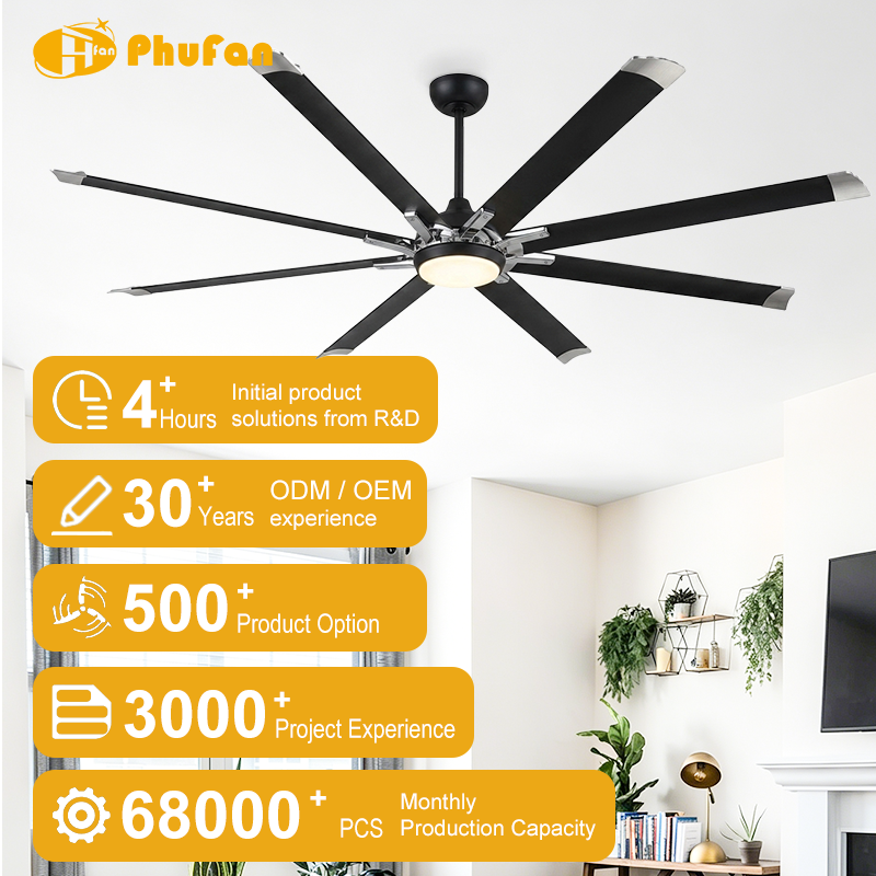 Large ceiling fan with light for kitchen, eight black blades with silver tips in an open-plan kitchen illustration.