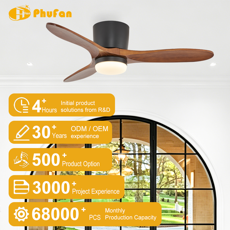 Low profile mid century ceiling fan with light in an arched-window interior illustration.