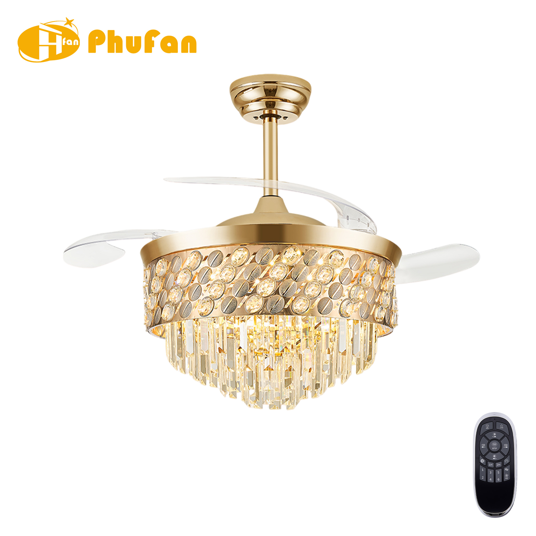 Round Dual-Layer Crystal Retractable Ceiling Fan Light Remote Control for Villa