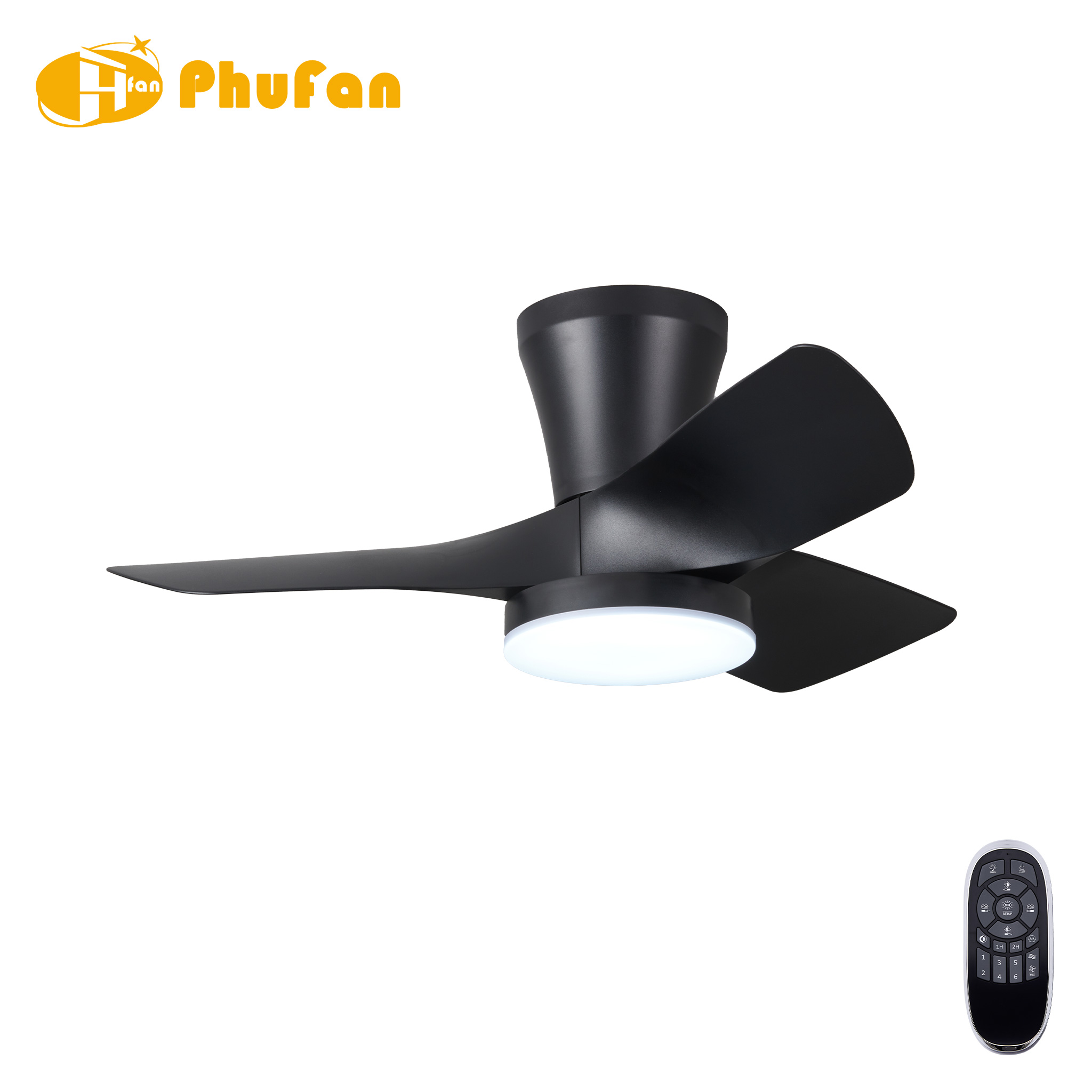 Low profile black ceiling fan with light, three curved ABS blades around a wide round LED diffuser.