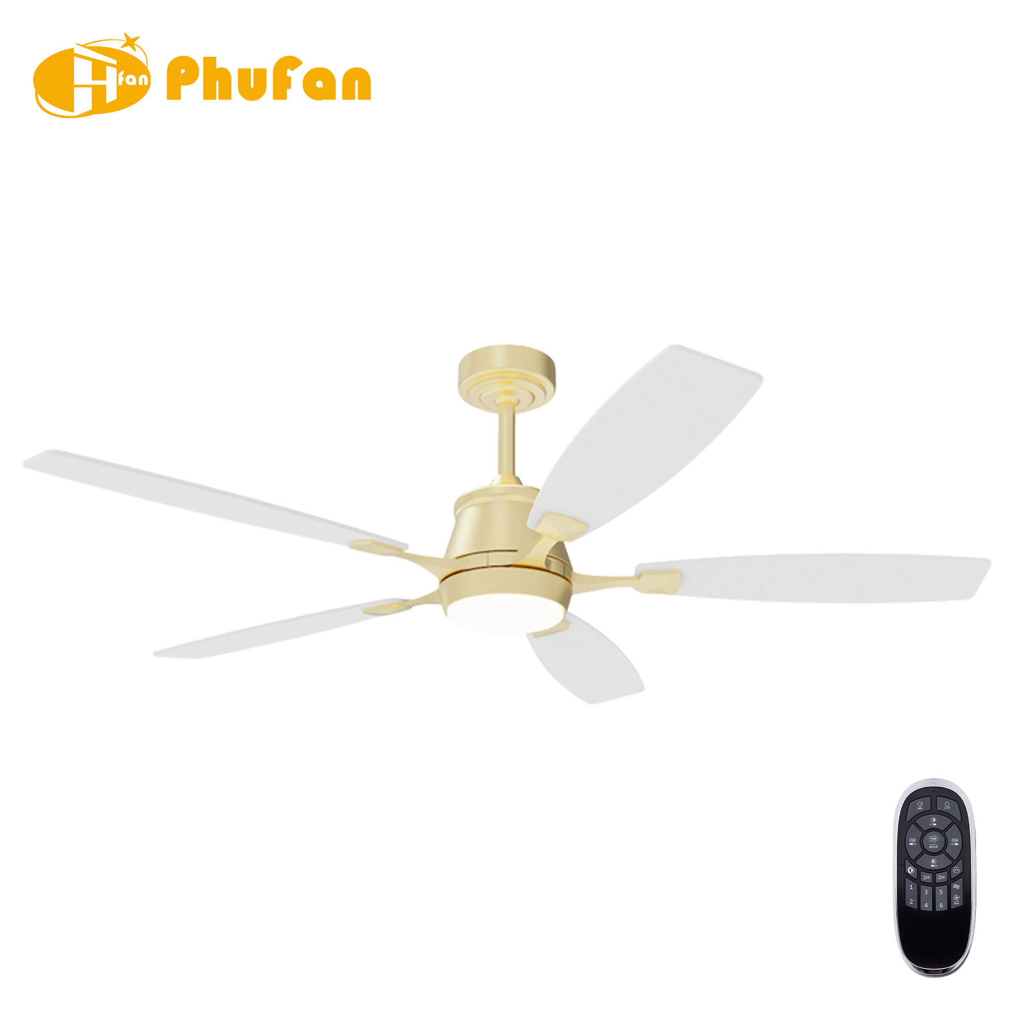 Scandinavian ceiling fan with light and DC motor, white blades and gold housing pictured beside a remote.