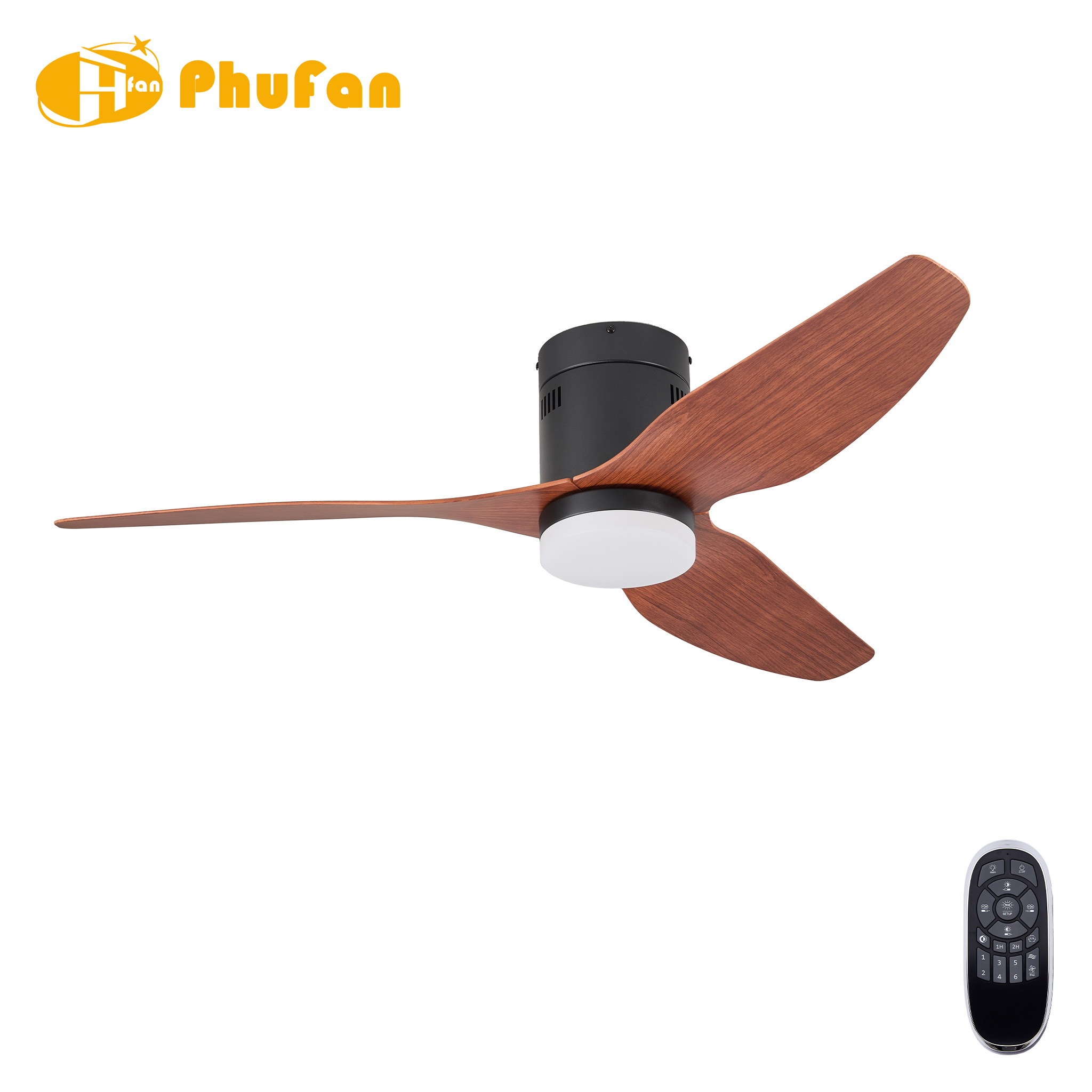 Wood grain ceiling fan with light and remote control, three ABS blades and a black flush-mount housing.