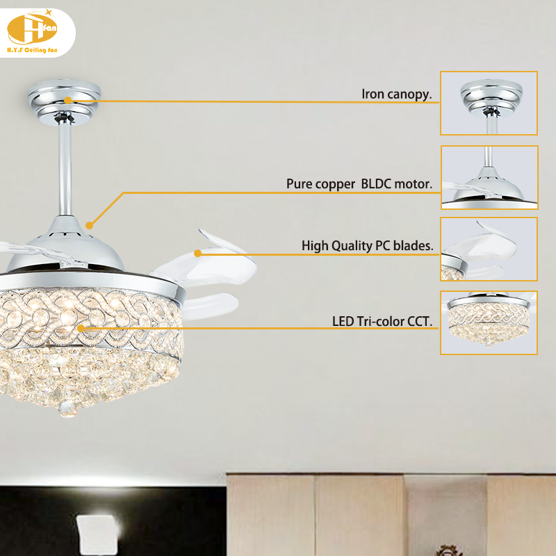 Crystal Retractable Ceiling Fan with Light Remote Control & DC Motor for Bedroom