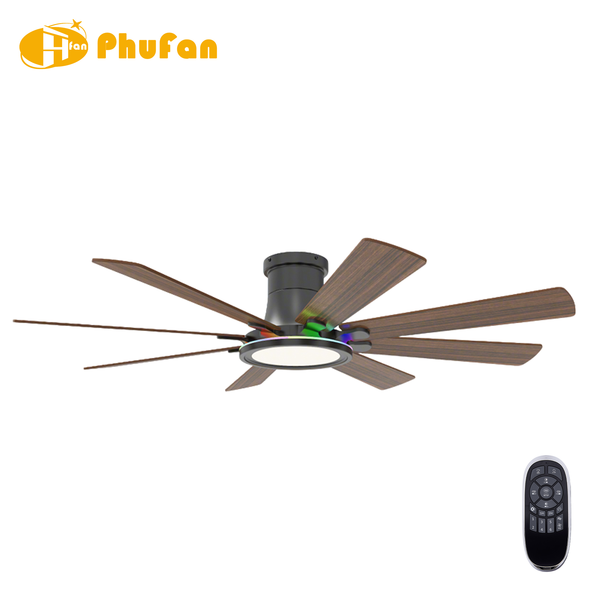 Flush mount ceiling fan with light for great room, eight wood-grain blades and a colorful RGB ring.