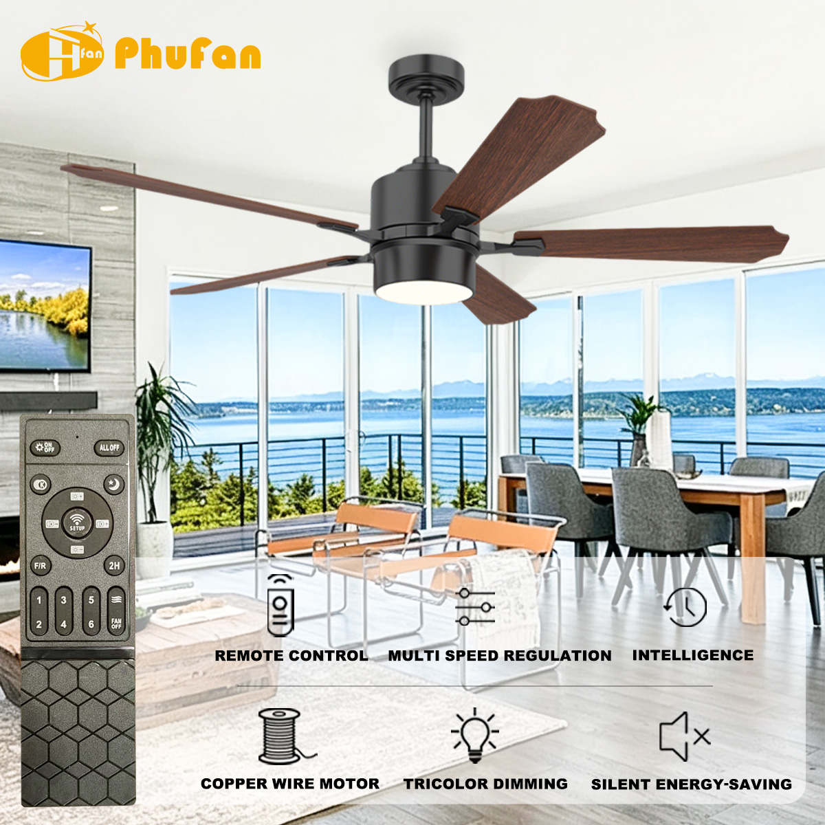 5 Blade Ceiling Fan Light Dark Wood Grain Blades For Bedroom Living Room