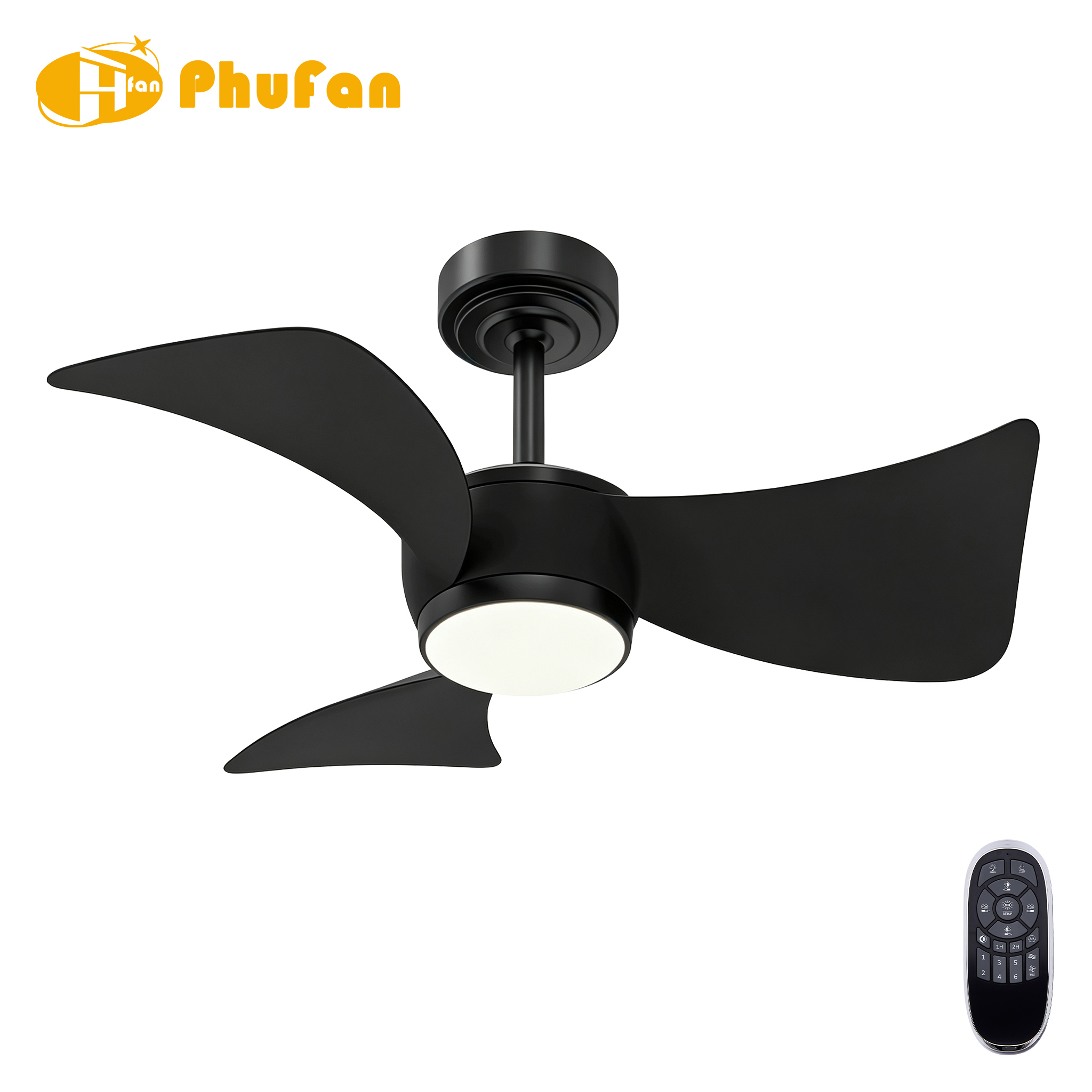 Black three-blade ceiling fan with a round LED diffuser and matching downrod, shown beside a handheld remote.