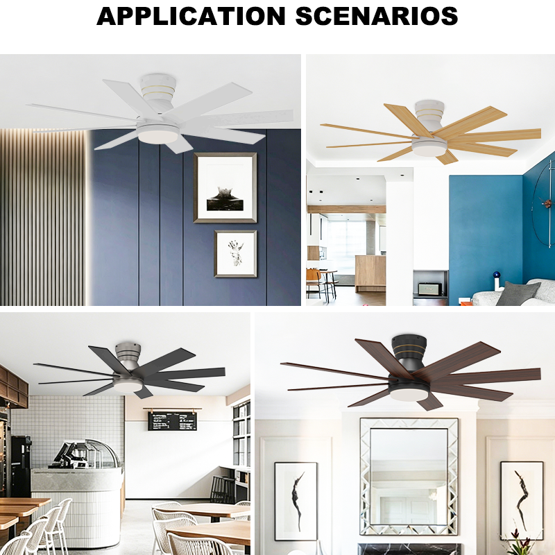 8 Blade Flush Mount Ceiling Fan Light Large Airflow Low Profile Hugger Fan Lamp