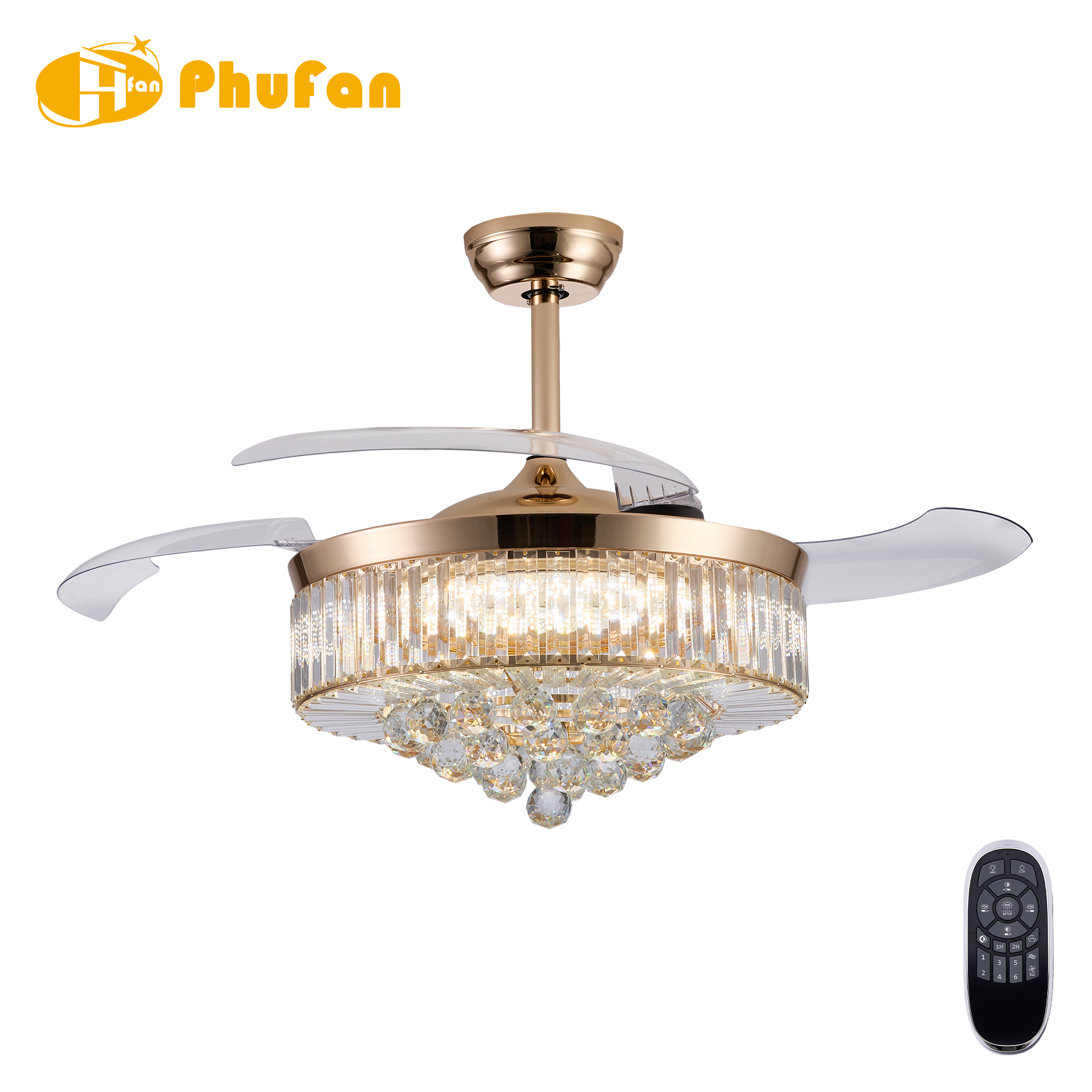 Elegant ceiling fan with light and DC motor, gold crystal shade and four clear retractable blades beside a remote.