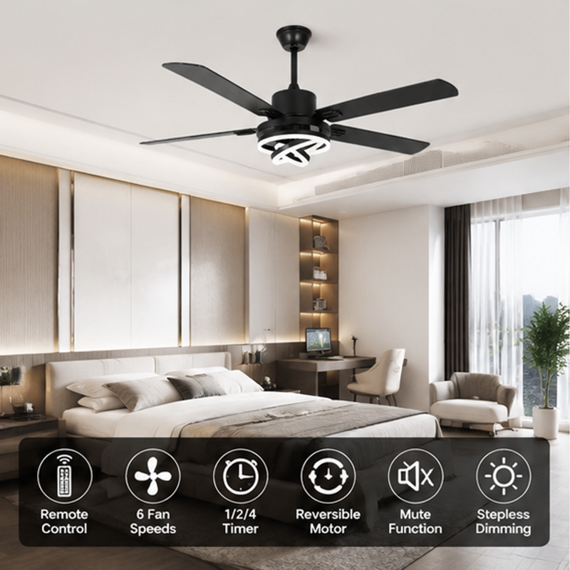 LED ceiling fan with light for bedroom, shown with five black blades and intertwined light rings above a bed.
