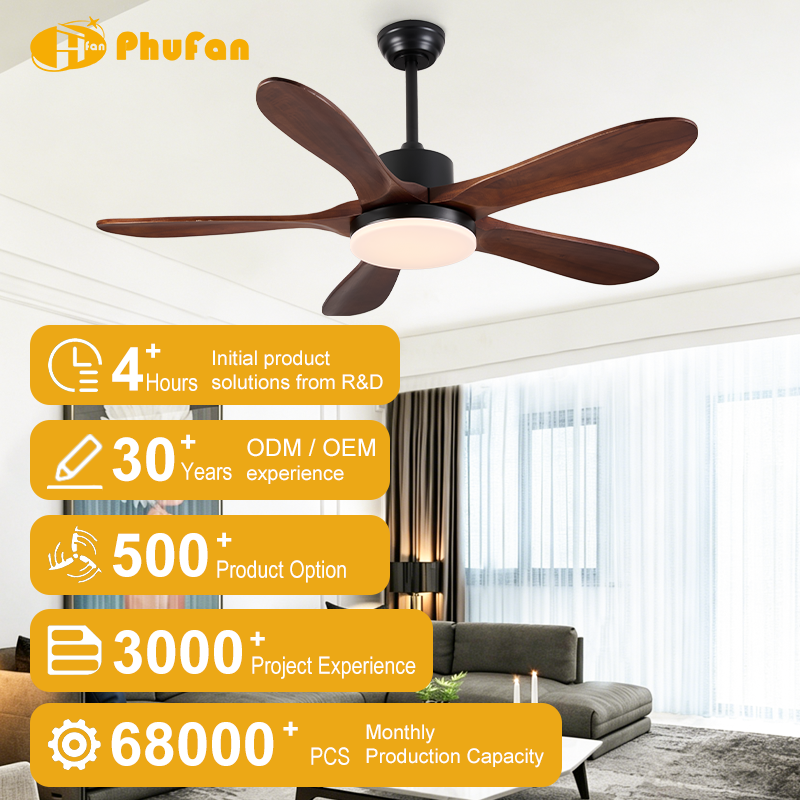 Ceiling fan with light and reversible motor for living room, five wooden blades pictured in a furnished interior.