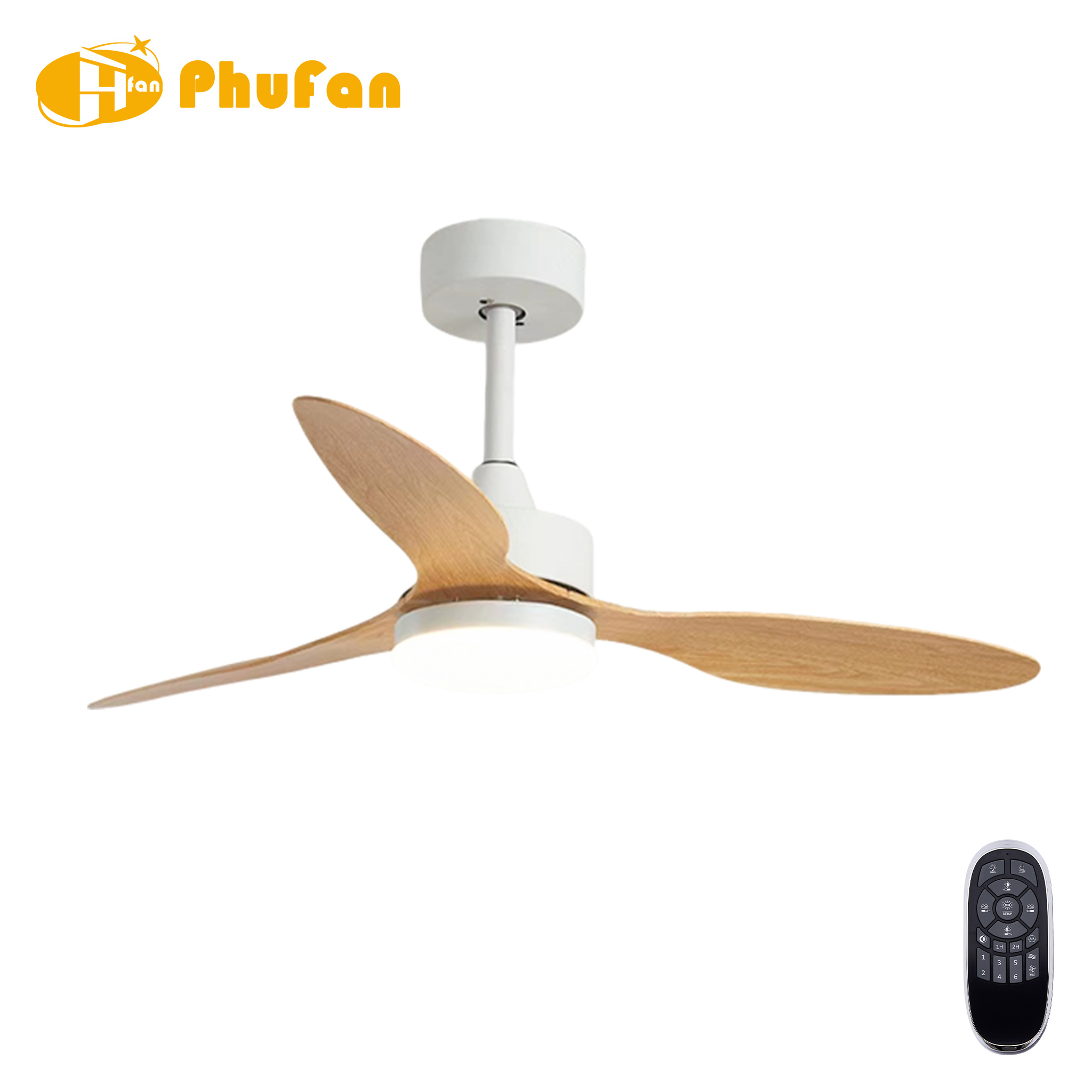 Three curved wood-grain ABS blades on a white fan light, with a round diffuser and handheld remote.