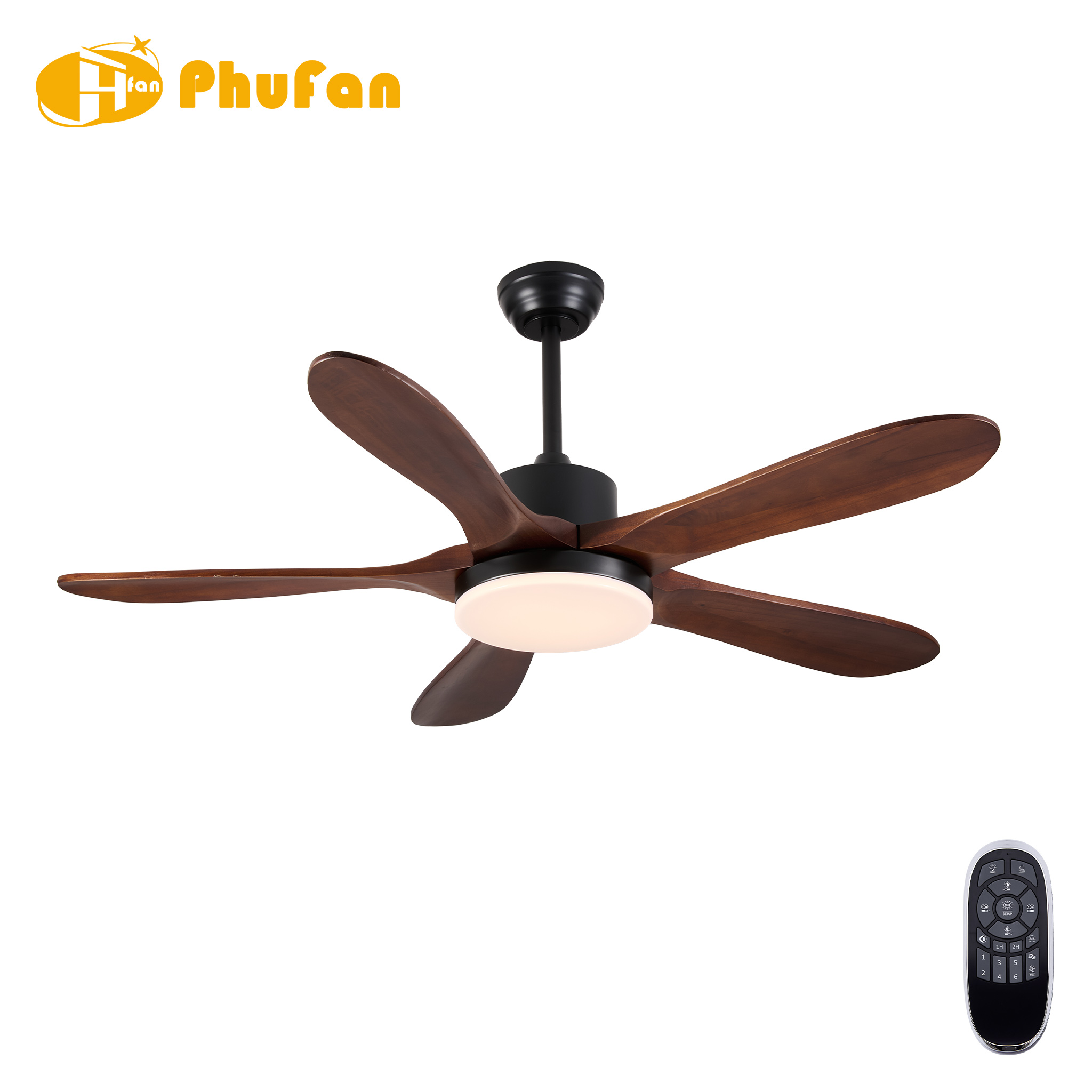 Ceiling fan with light and reversible motor for bedroom, five curved solid-wood blades pictured beside a remote.