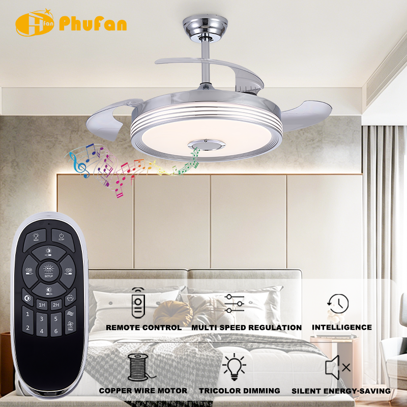 Retractable Ceiling Fan Light With Bluetooth Speaker For Bedroom Dining Room