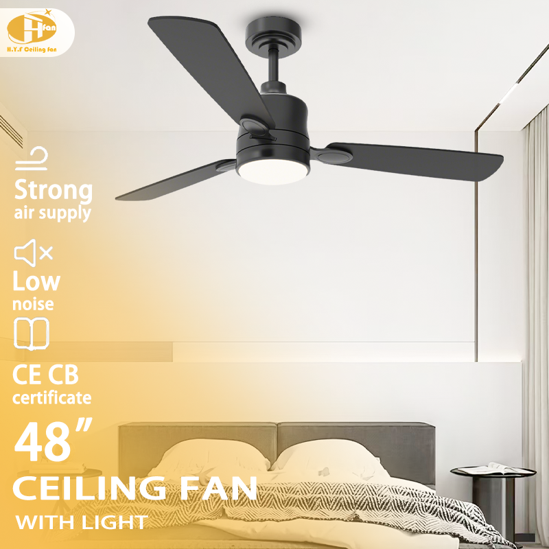 48 inch black ceiling fan with light, five black blades shown above a bed in a graphic with a size label.